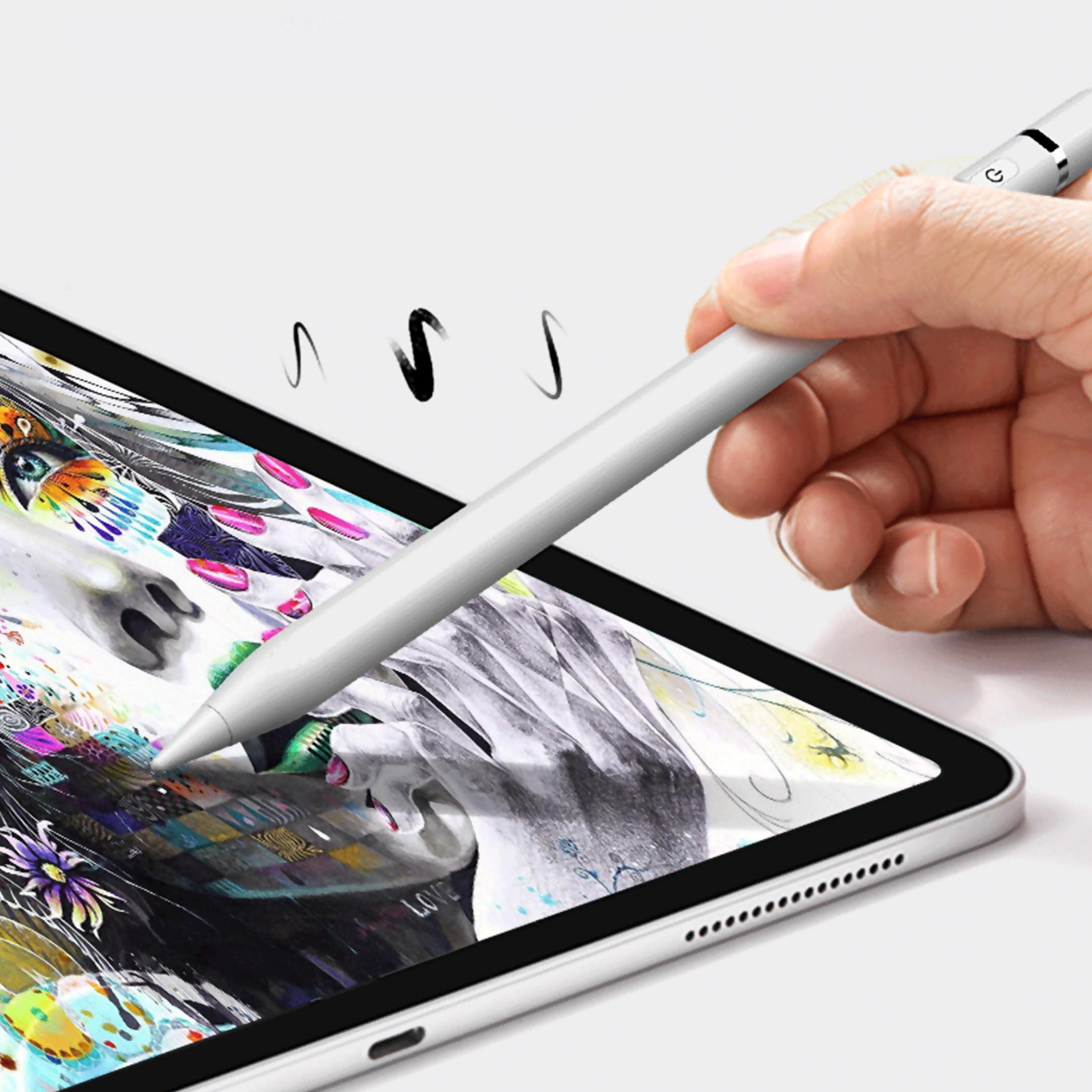 Eine Hand hält einen digitalen Stift über einem Tablet, das eine bunte Grafik zeigt.
