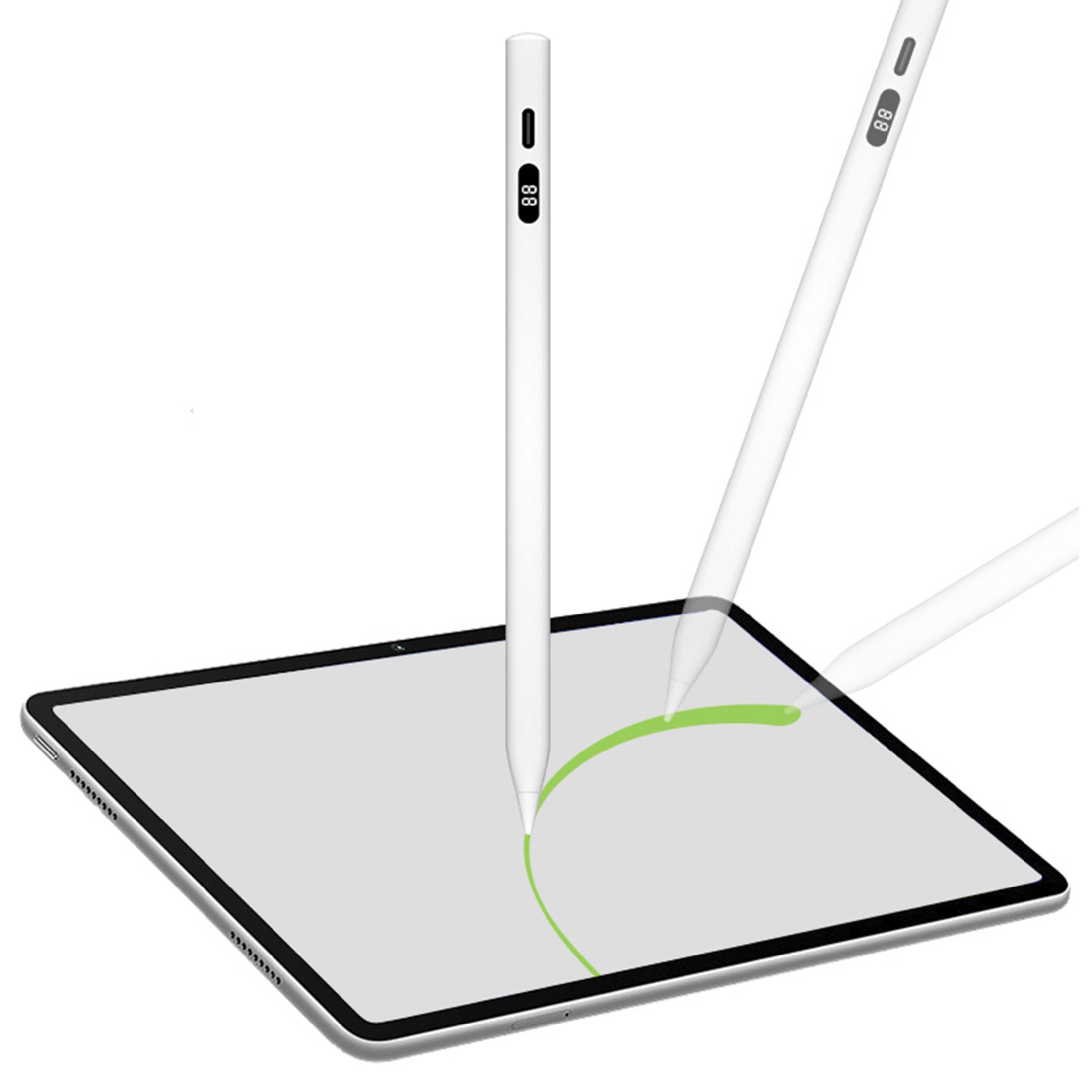 Un lápiz óptico blanco con pantalla digital en una tableta dibujando una línea verde.