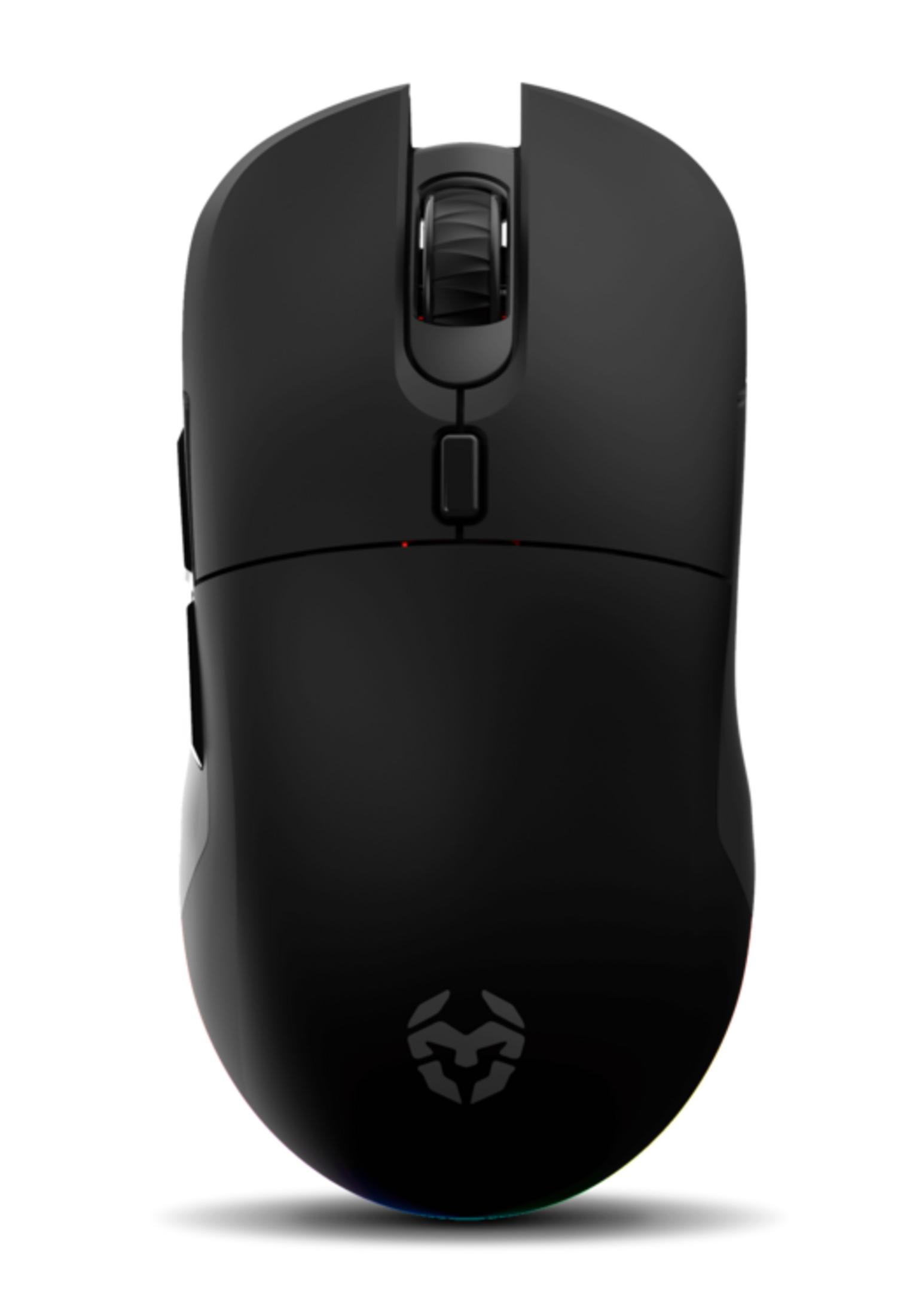 Mouse gaming nero con rotellina e logo su sfondo bianco.