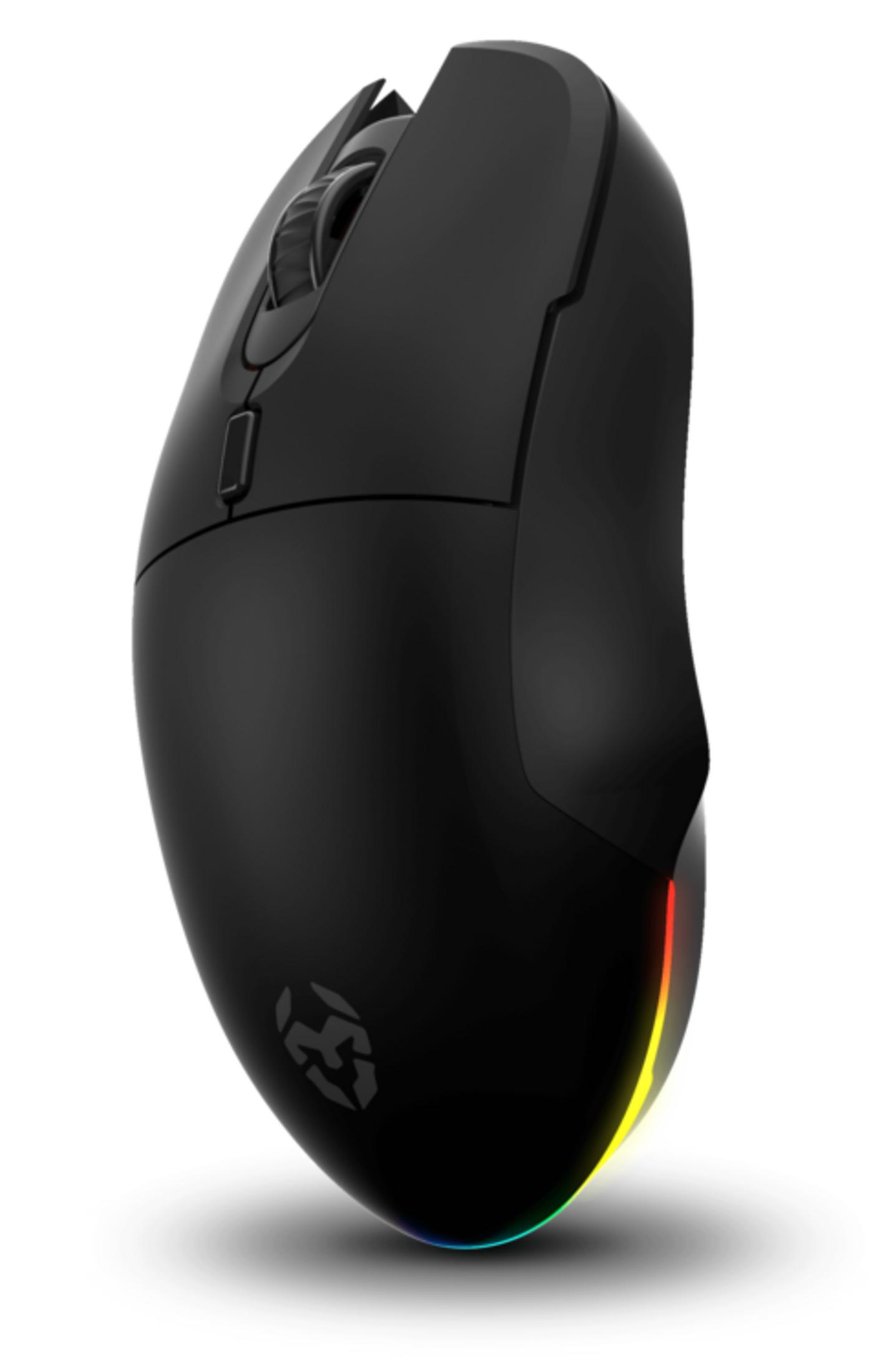 Mouse da gaming nero con illuminazione RGB sul bordo inferiore.