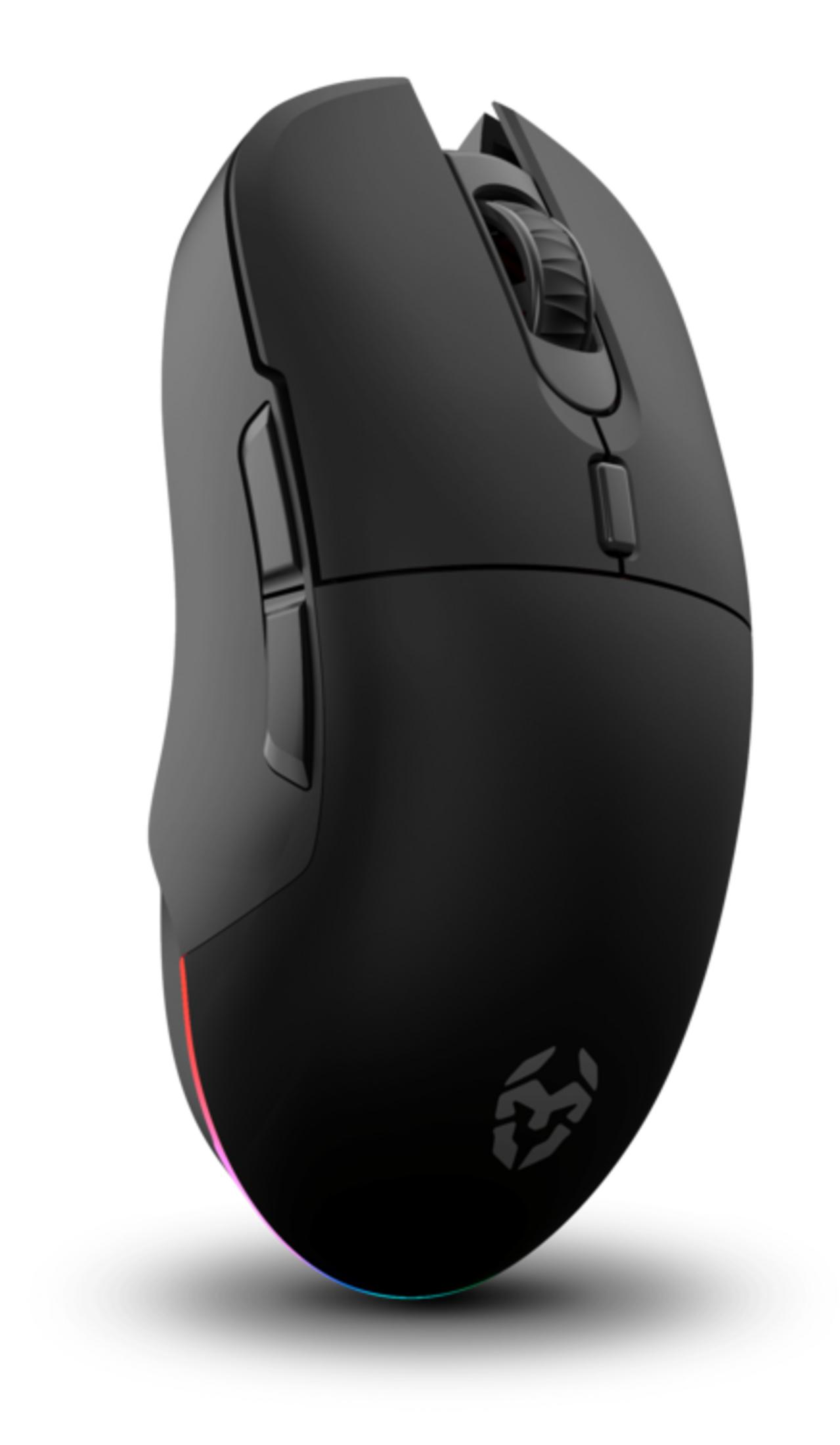 Mouse gaming nero con rotellina, pulsanti laterali e illuminazione RGB.