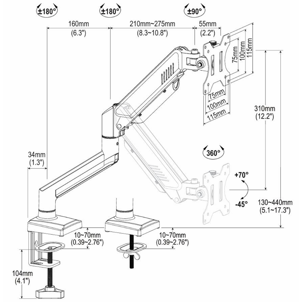 Diagram regulowanego ramienia monitora z wymiarami i kątami.