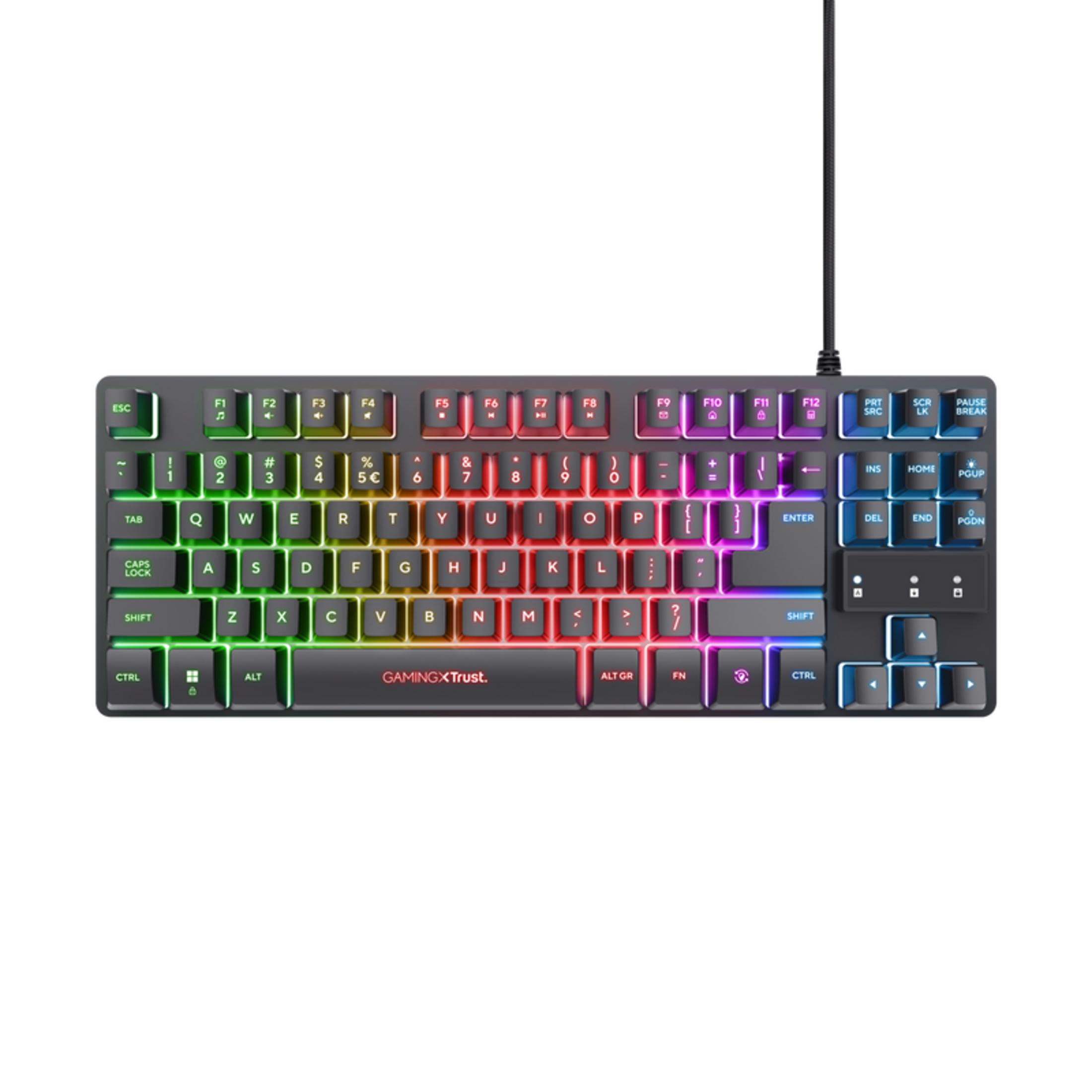Un teclado negro con retroiluminación RGB y el logo GAMINGXTrust.