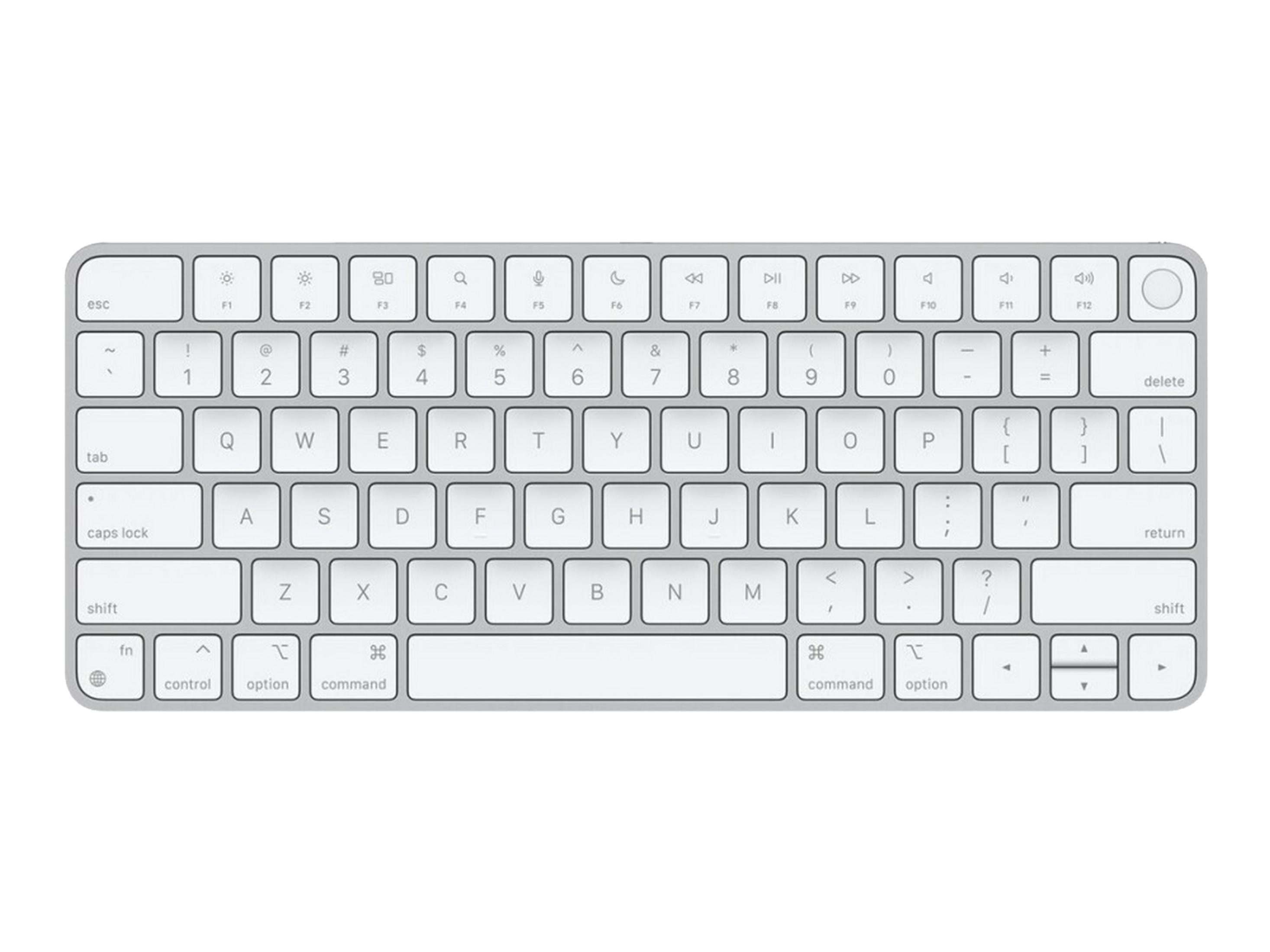 A silver keyboard with white keys shown from above.