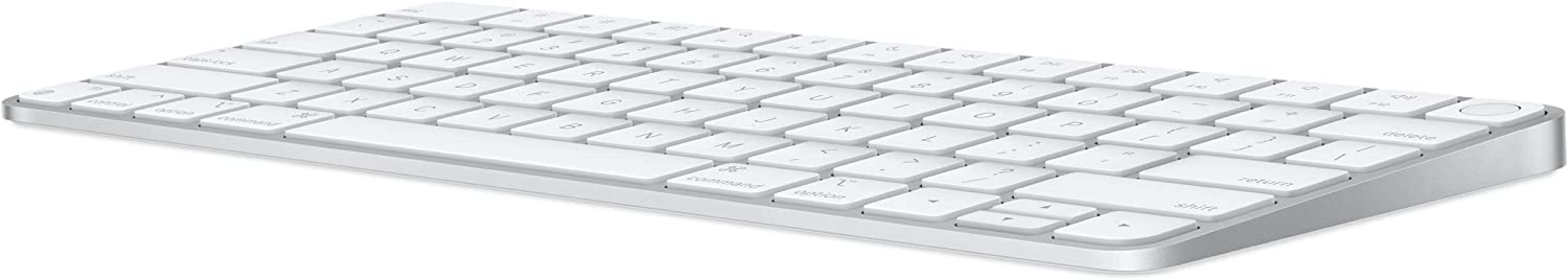A white keyboard with a silver casing on a white background.