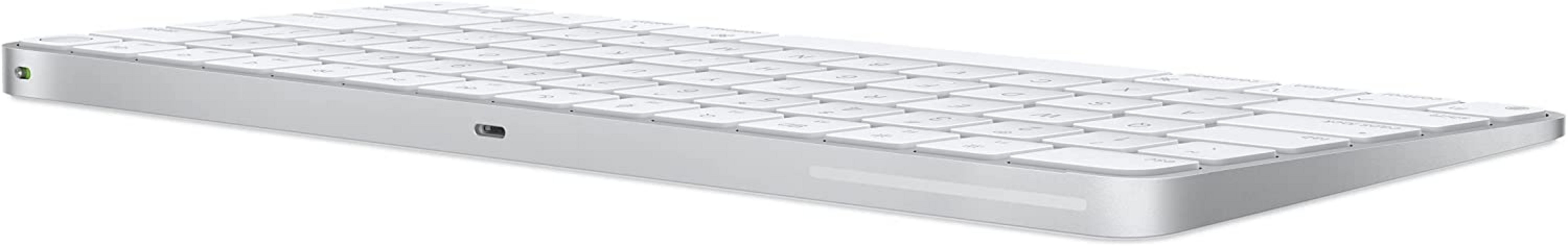 A slim, white keyboard layout with a silver casing and USB-C port.