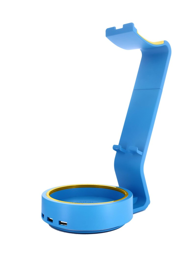 Supporto per cuffie blu con porte USB e bordo dorato.