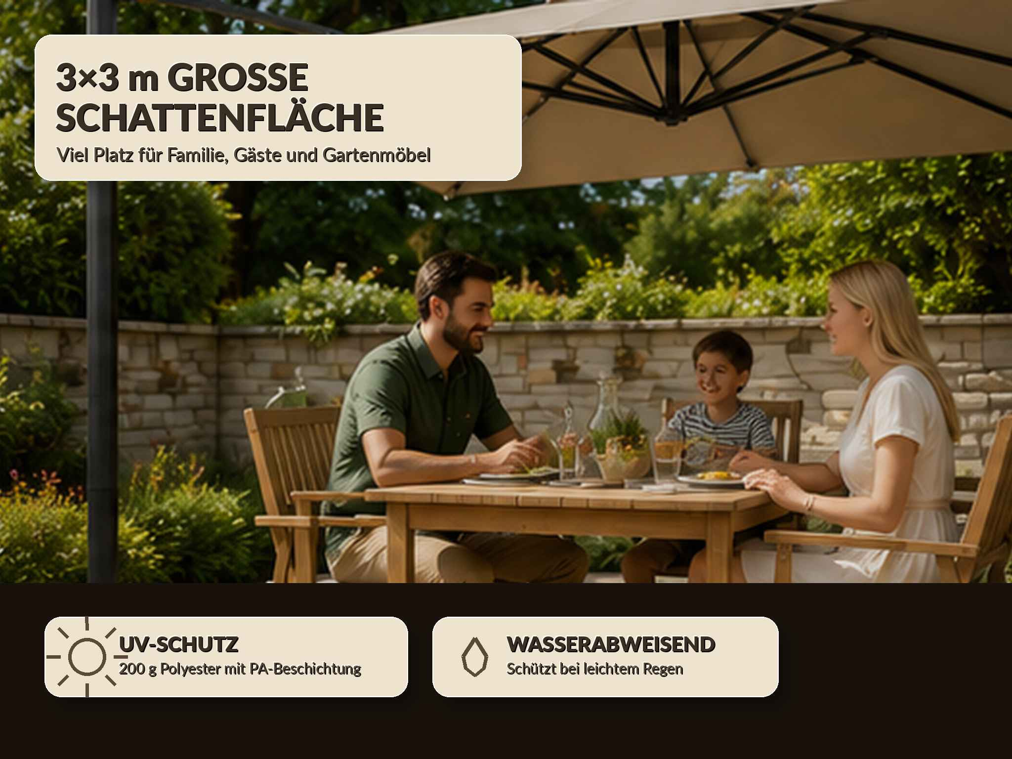 Familie genießt Essen unter einem 3x3m Sonnenschirm mit UV-Schutz und Wasserabweisung.