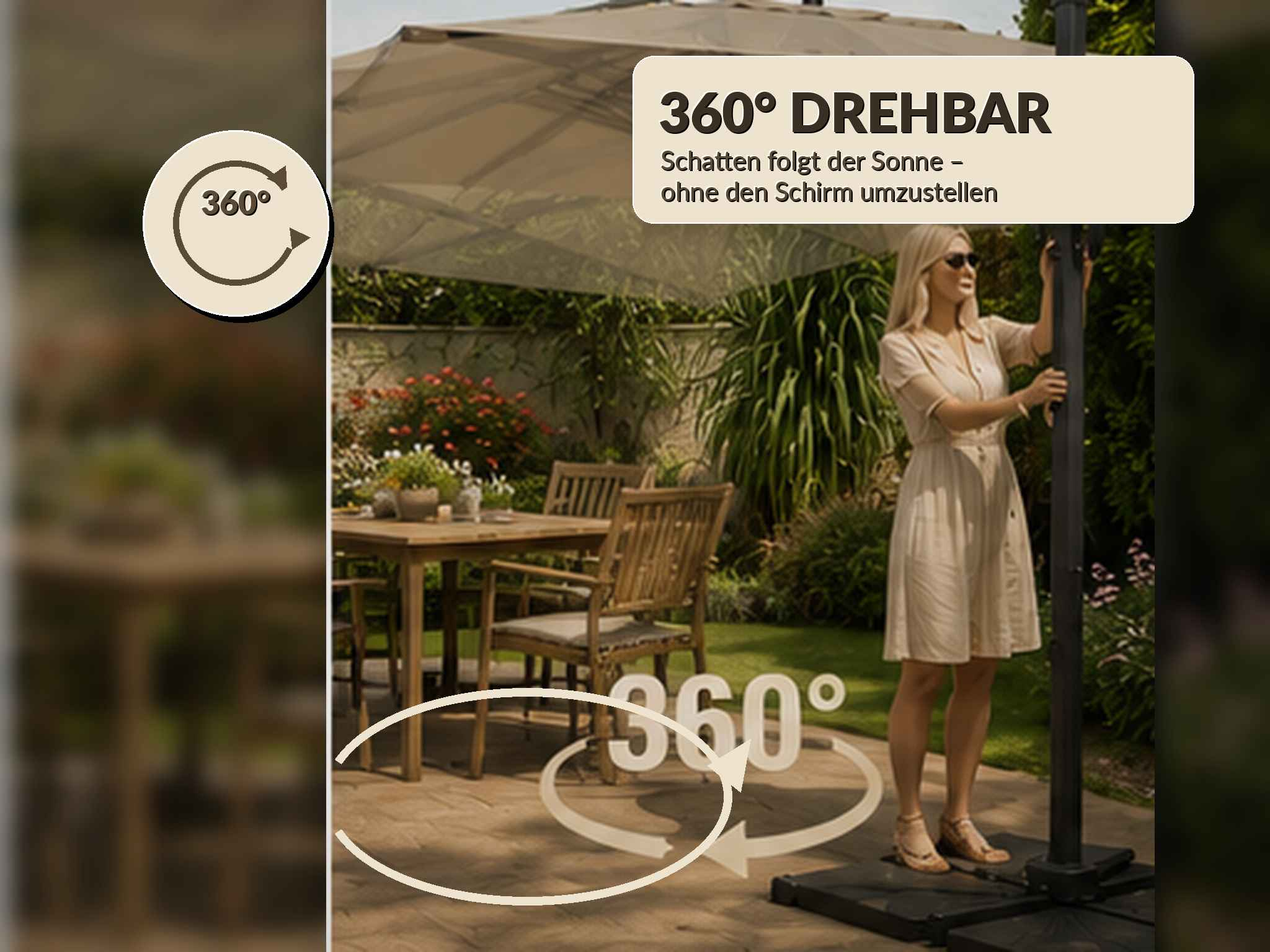 Eine Frau stellt einen drehbaren Sonnenschirm ein, mit Text und Symbolen.