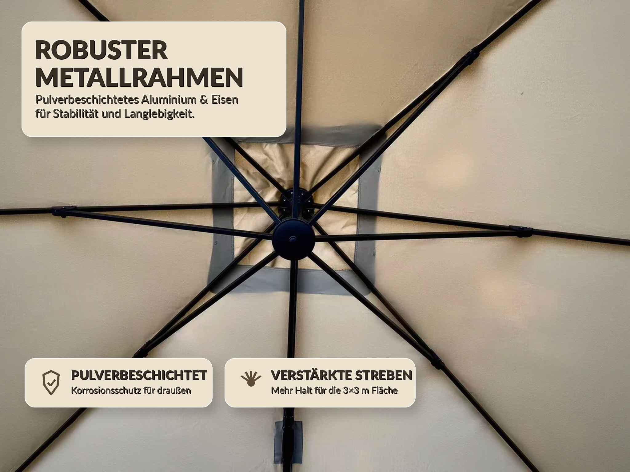 Ein robuster Metallrahmen mit pulverbeschichteten Aluminium- und Eisenteilen.