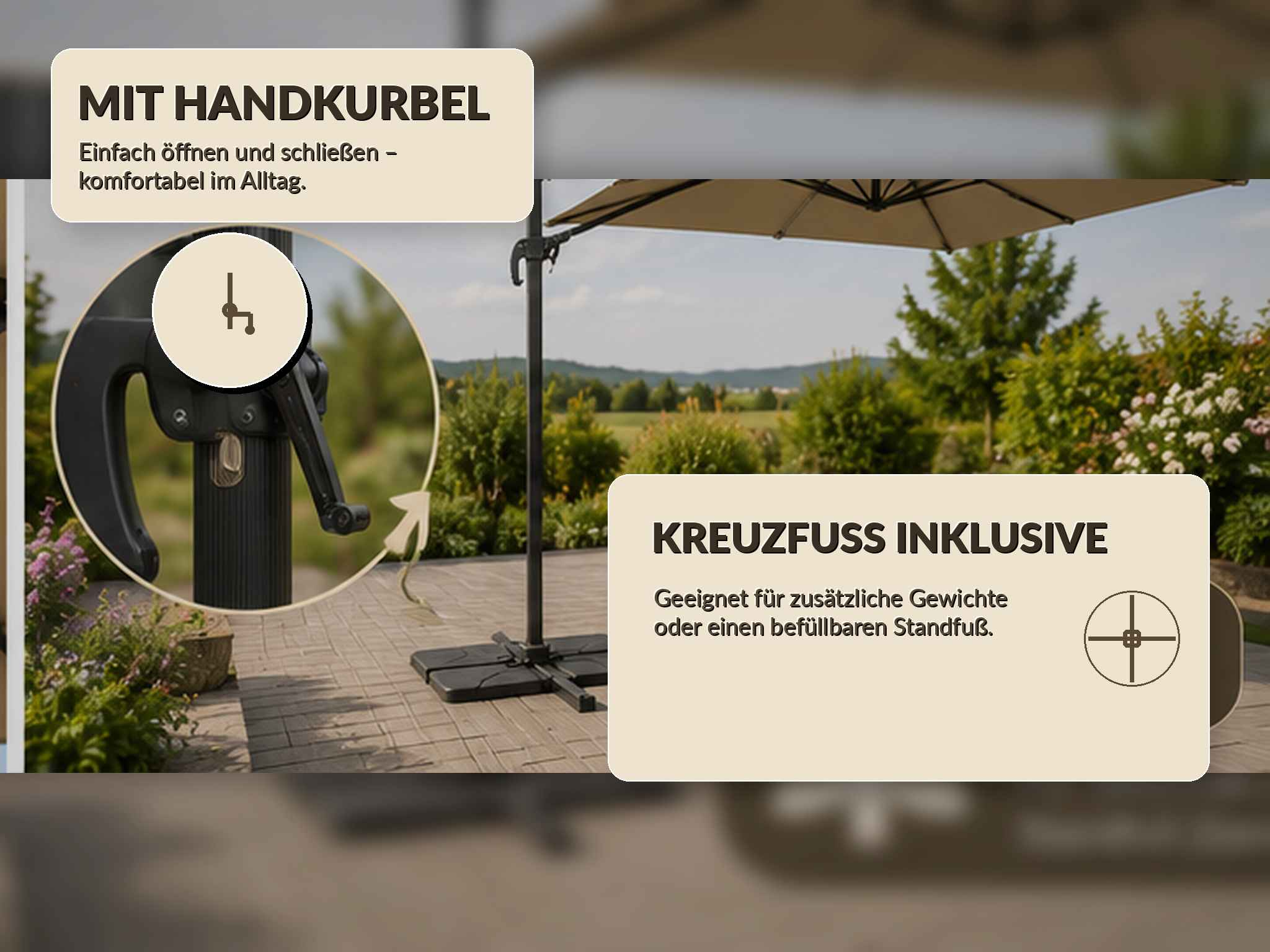 Sonnenschirm mit Handkurbel und Kreuzfuß auf einer Terrasse mit Grünpflanzen.
