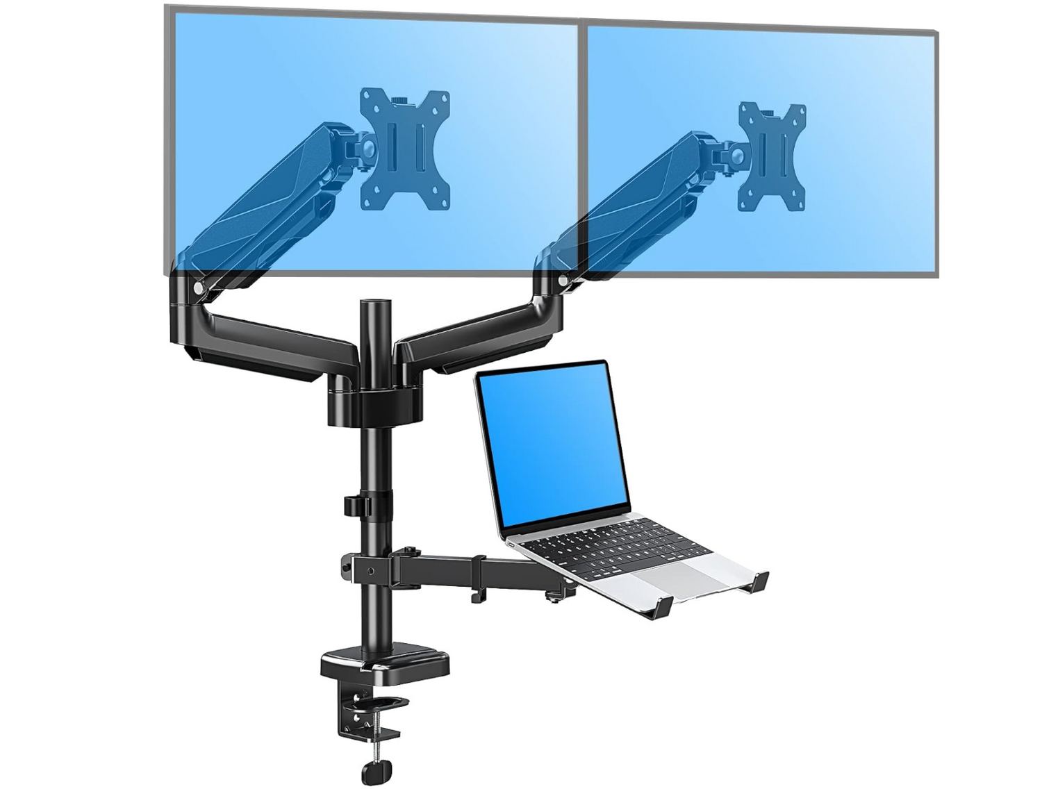 Czarny uchwyt na monitor trzyma dwa niebieskie ekrany i laptopa. Z zaciskiem.