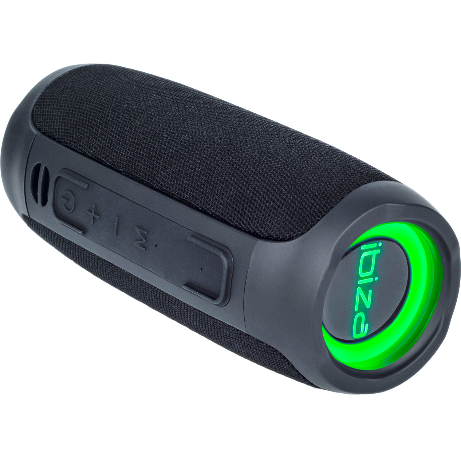 Altoparlante portatile nero con anello logo verde luminoso.