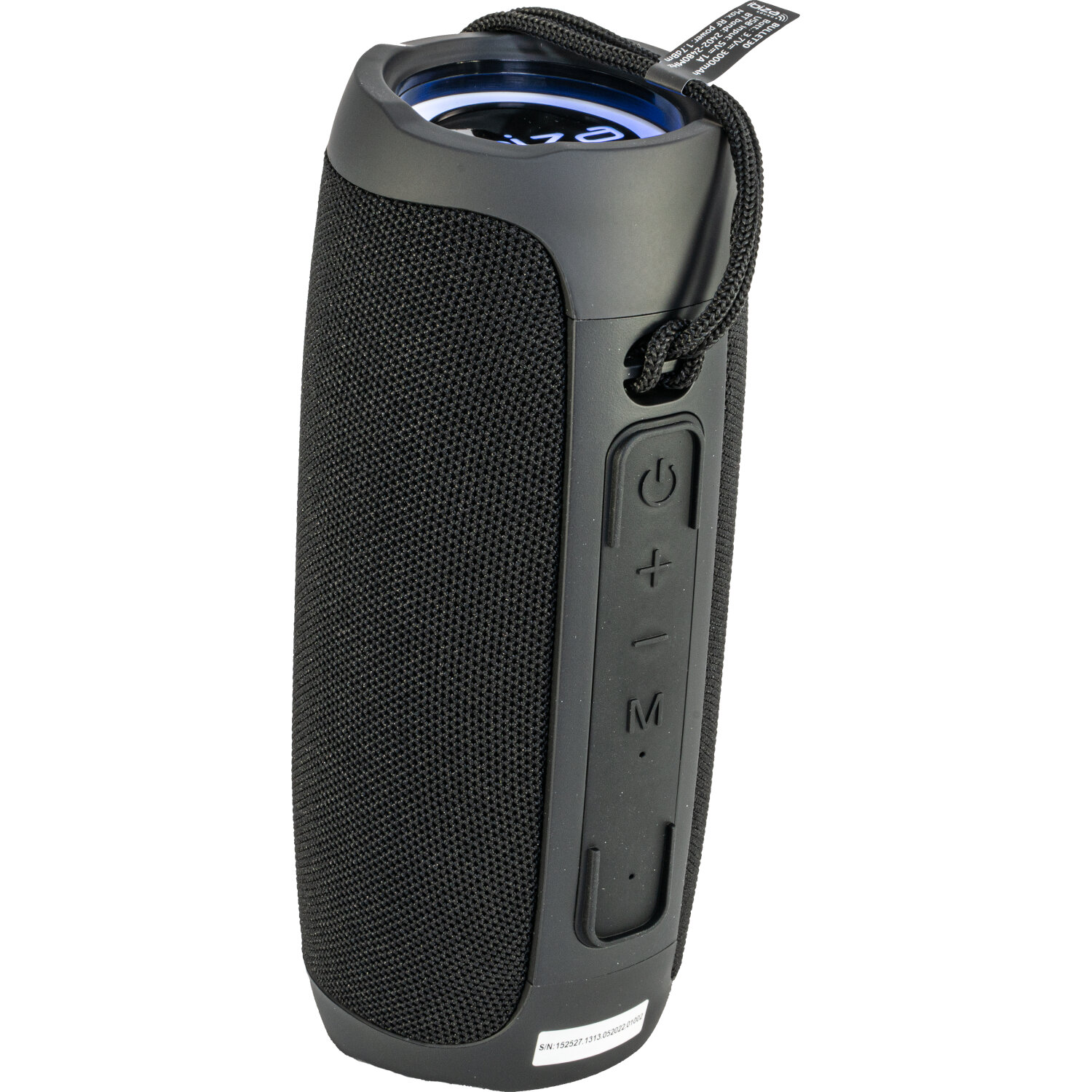 Altoparlante Bluetooth nero con griglia in tessuto e pulsanti di controllo.