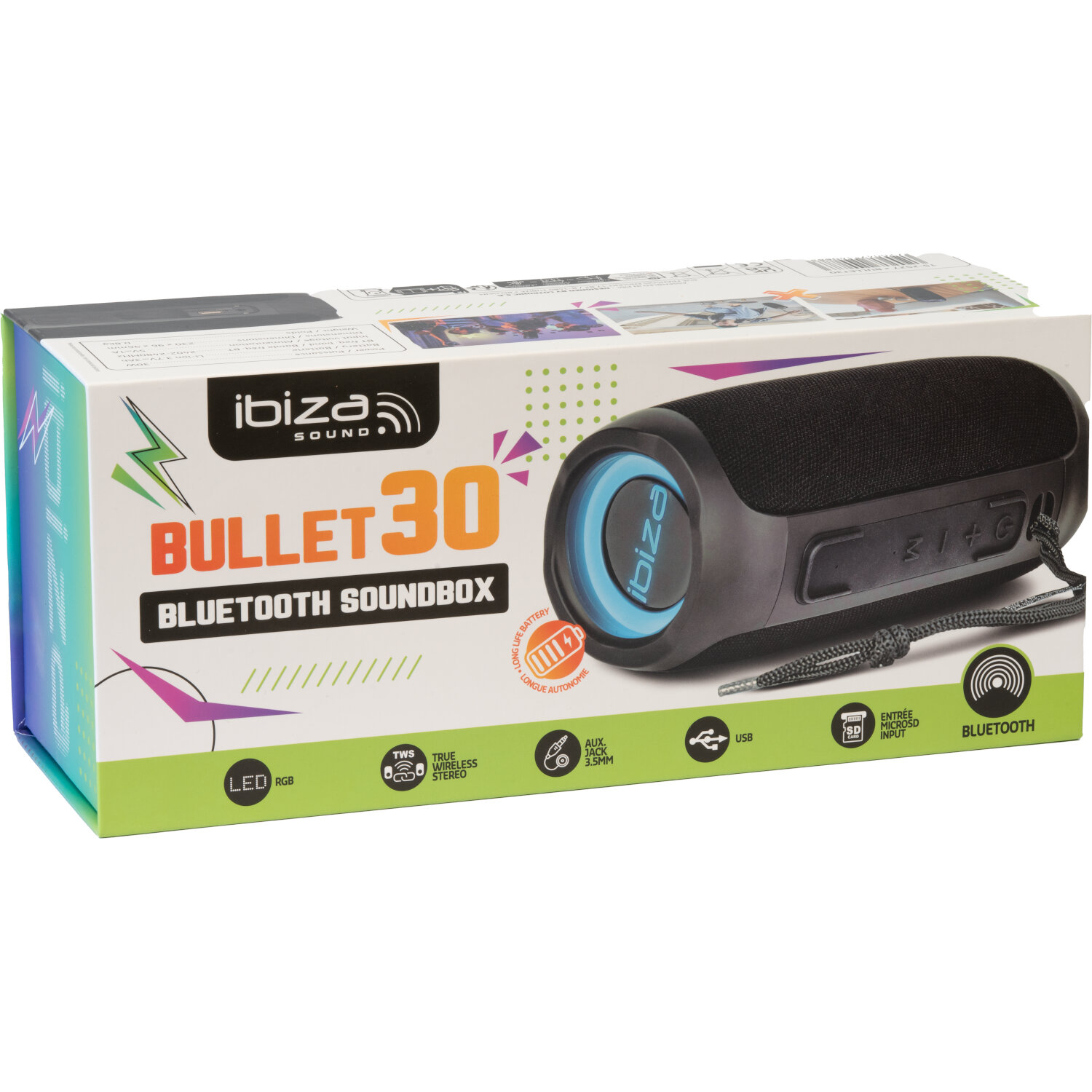 Confezione di un altoparlante Bluetooth Ibiza Bullet 30 nero con accenti blu.