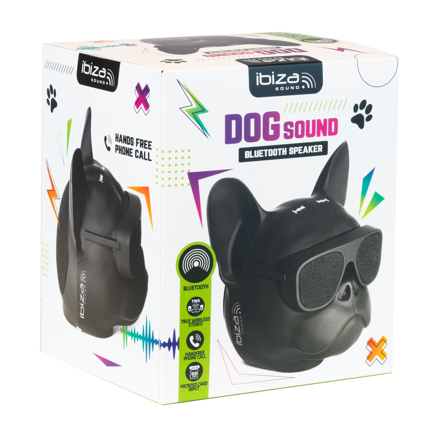 Un altoparlante Bluetooth nero a forma di cane sulla sua confezione. Include vivavoce.