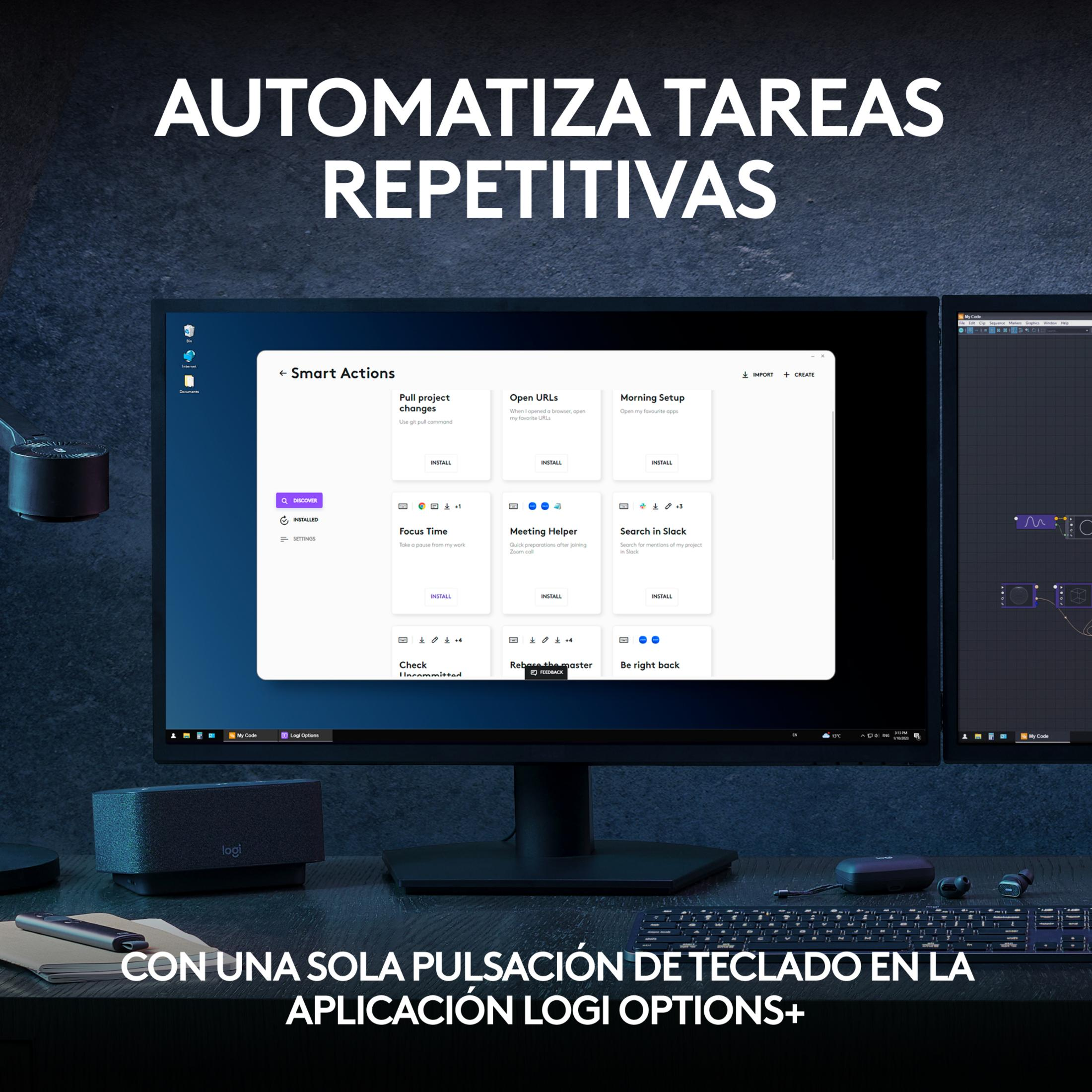 Uno schermo di computer mostra l'app Logi Options+ con attività automatizzate.