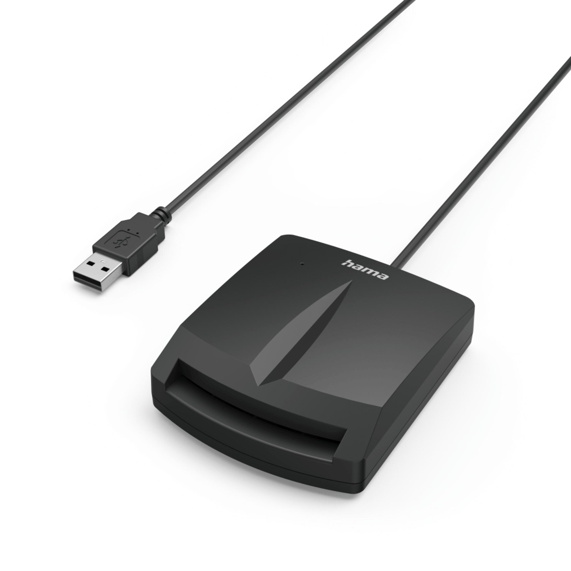 Un lettore di schede USB nero con cavo su sfondo bianco.