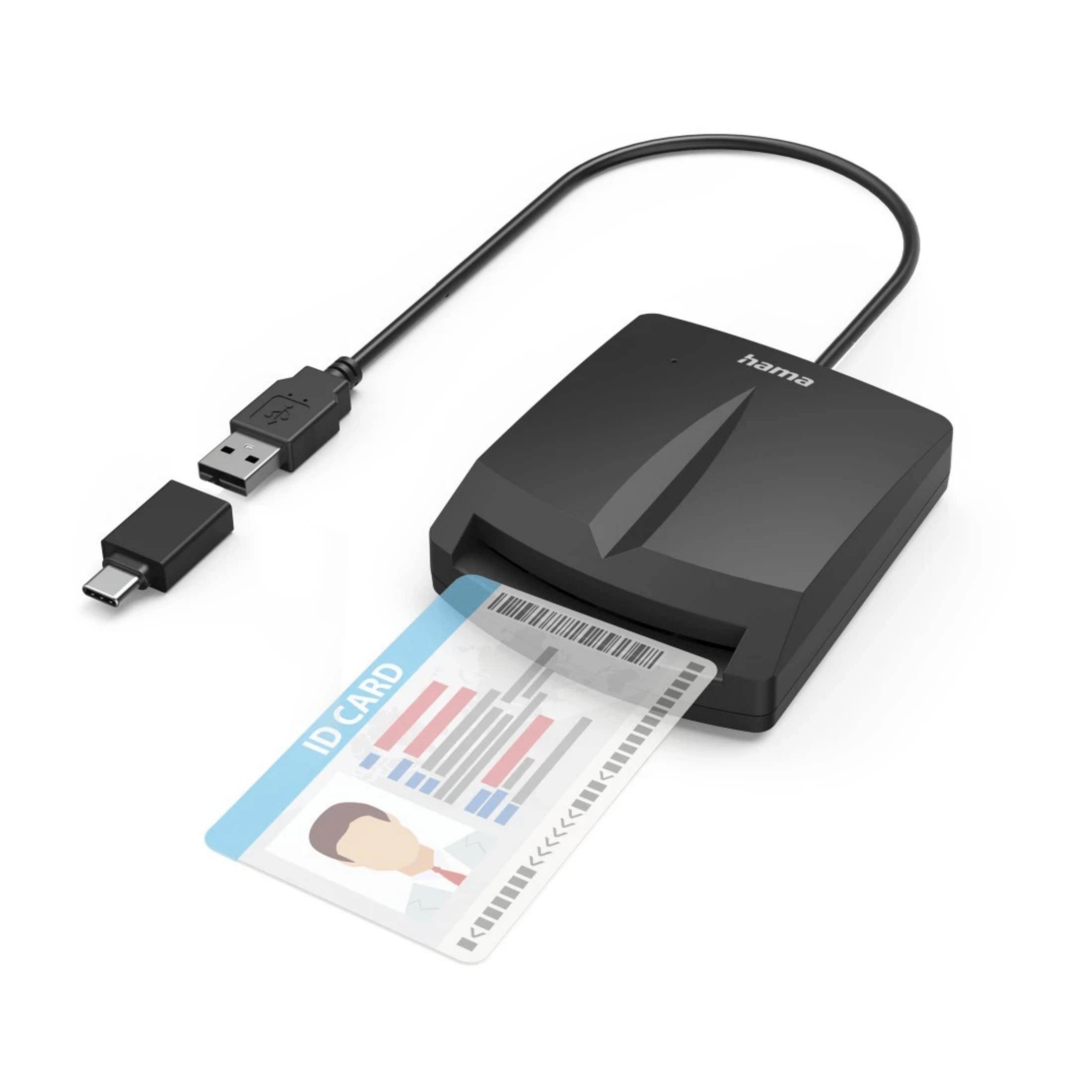 Un lettore di carte nero con cavo USB-C e USB-A è inserito in una carta d'identità.