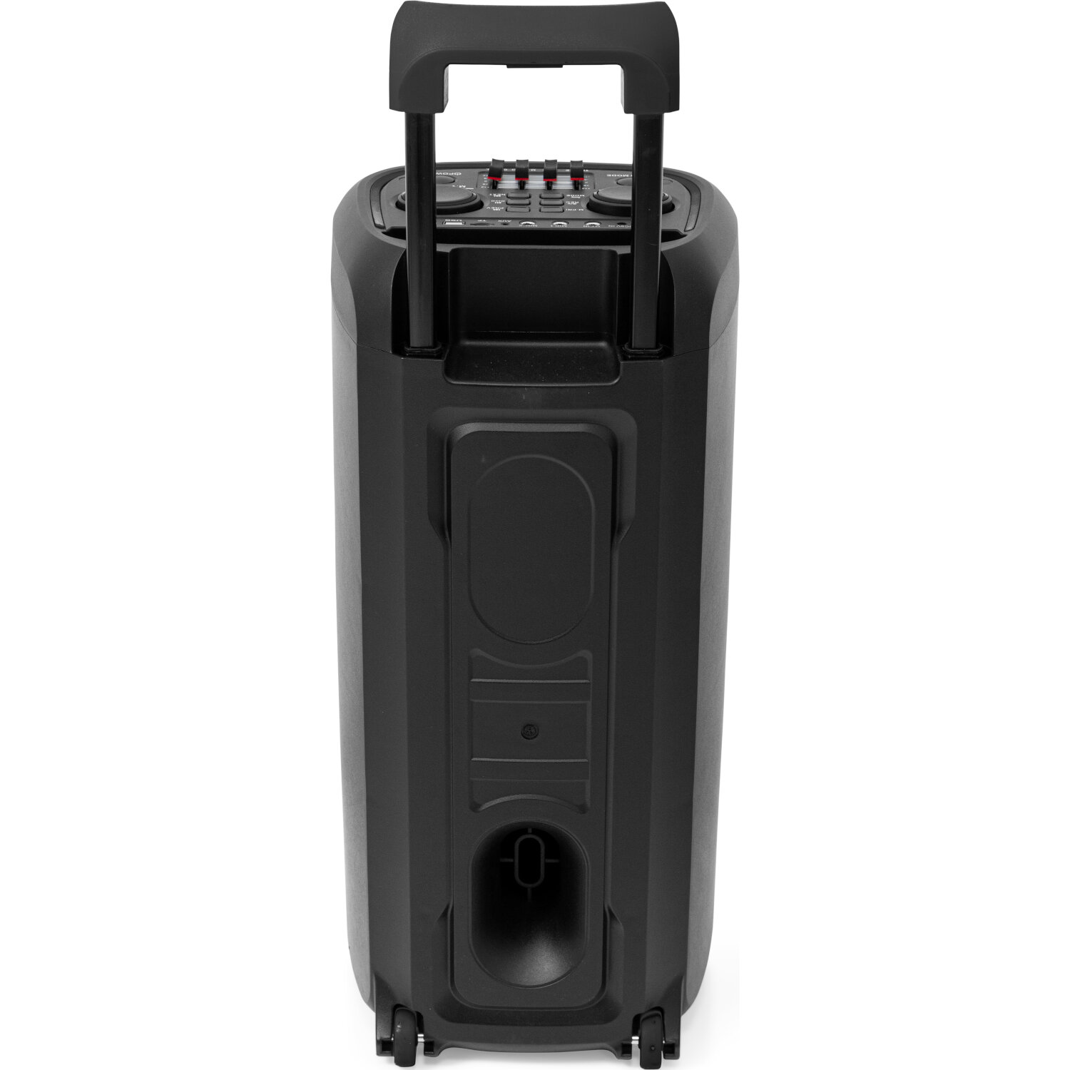 Altoparlante portatile nero con manico retrattile e ruote.
