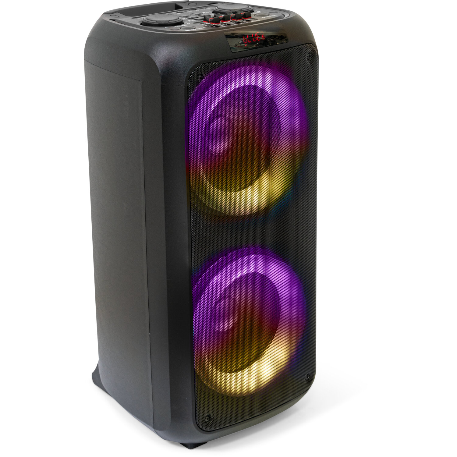 Altoparlante Bluetooth nero con luci colorate e controlli in cima.