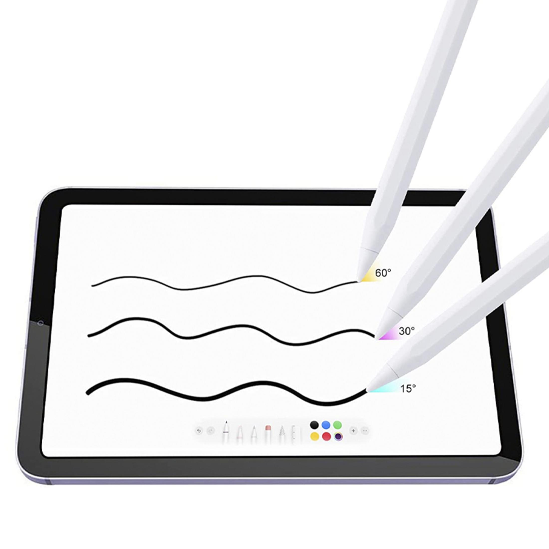 Drei weiße Stifte zeigen Linien auf einem Tablet-Bildschirm mit Winkelangaben.