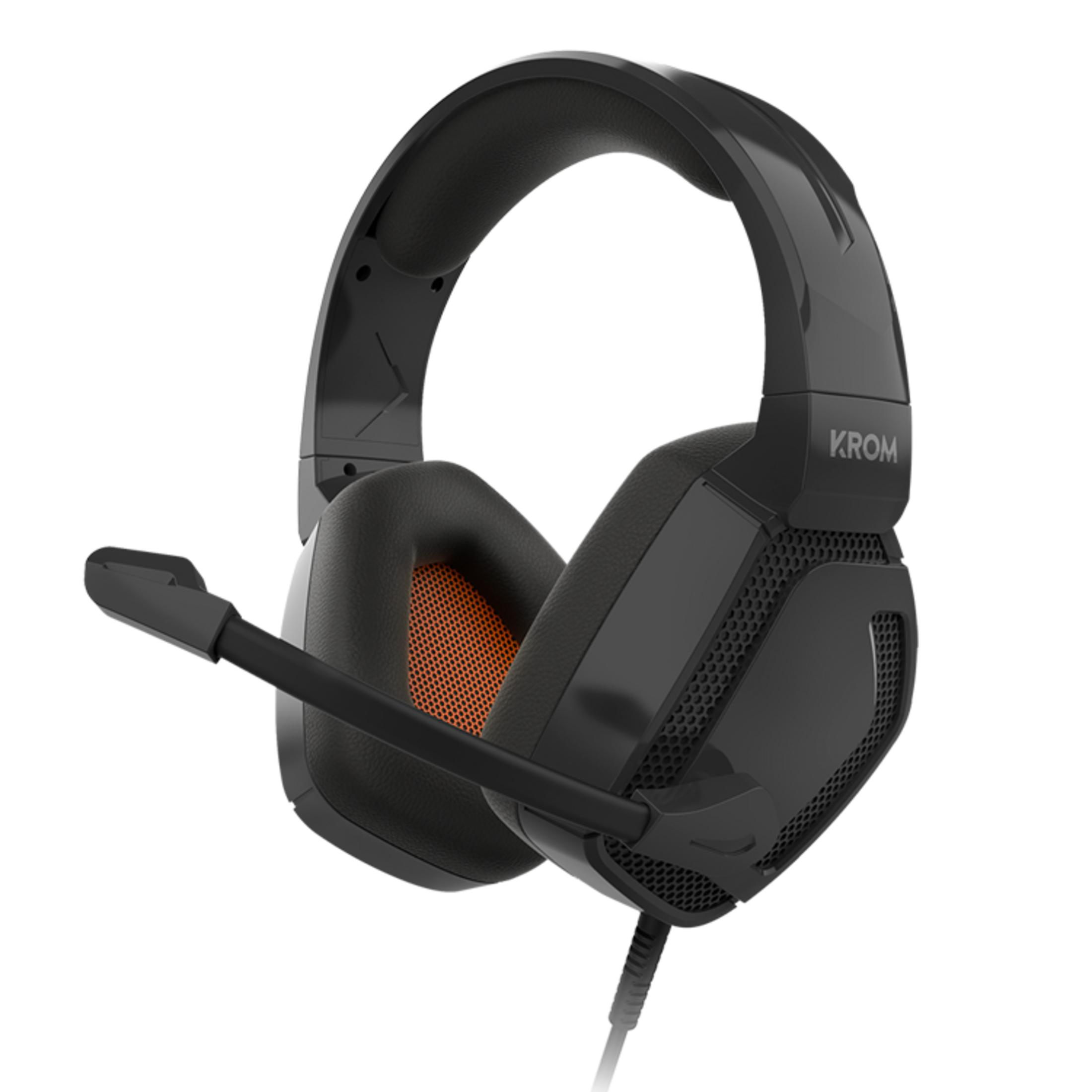 Zwarte gamingheadset met microfoon, oranje accenten en KROM-logo.