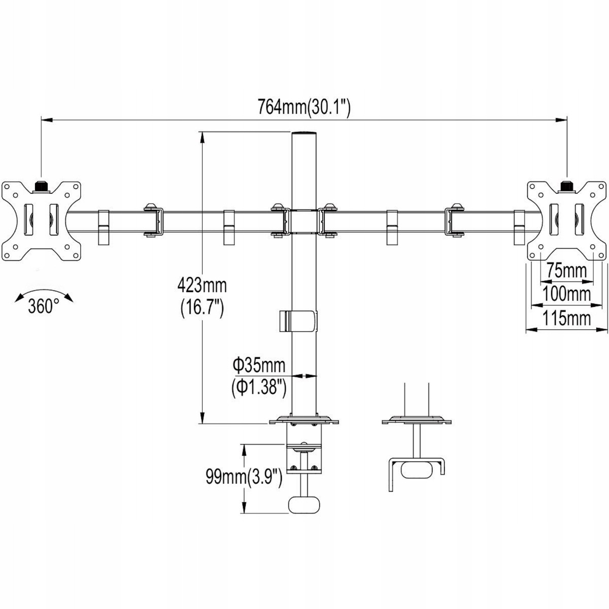 Diagram uchwytu na biurko do dwóch monitorów z wymiarami i obrotem 360°.
