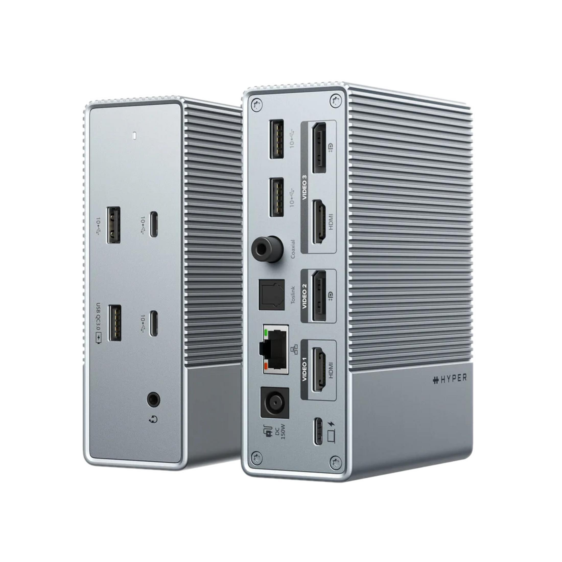 Zwei silberne Dockingstationen mit Anschlüssen wie USB, HDMI, Ethernet und Strom.