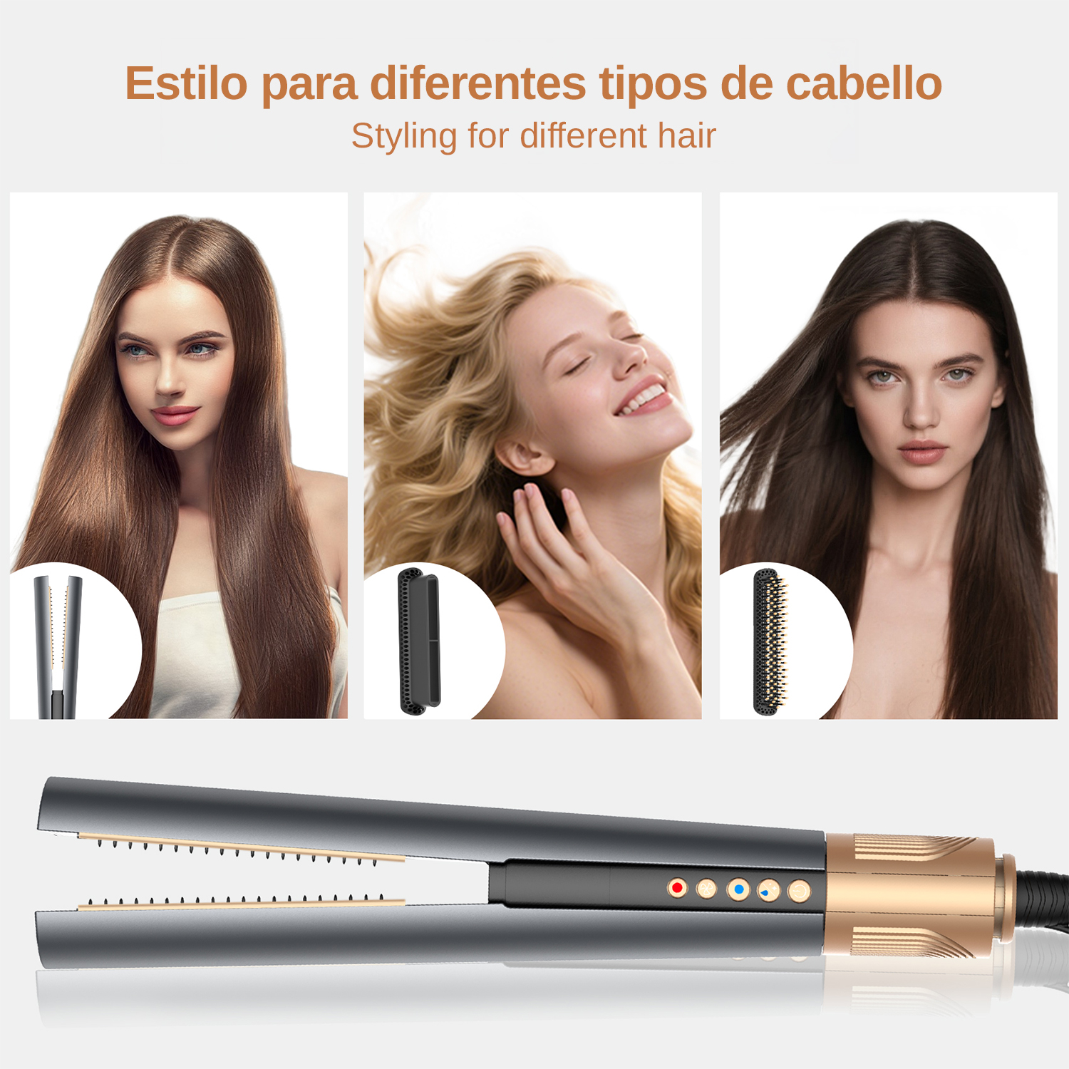 Tre donne con diverse acconciature e una piastra per capelli.