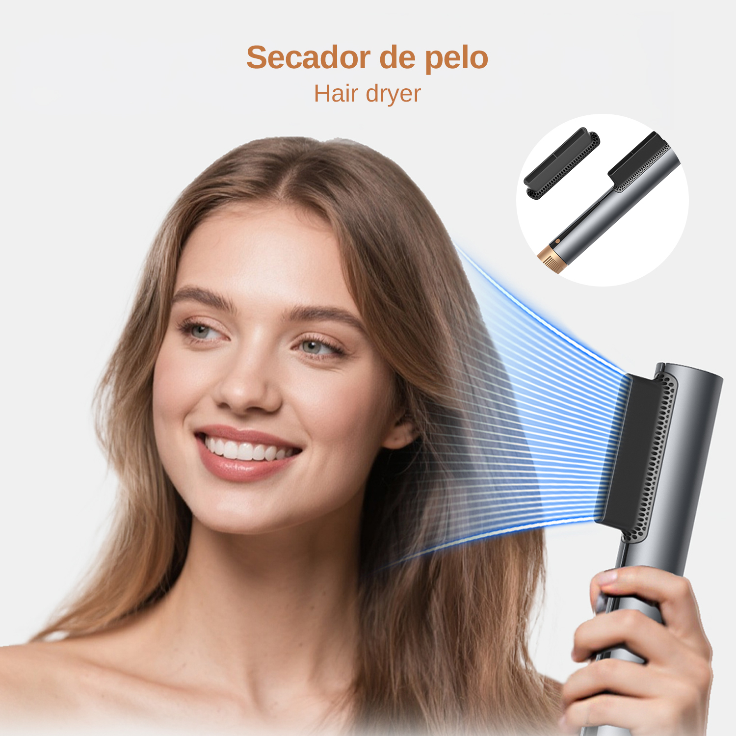 Una donna usa un asciugacapelli con beccuccio a pettine, dirigendo flussi d'aria sui suoi capelli.