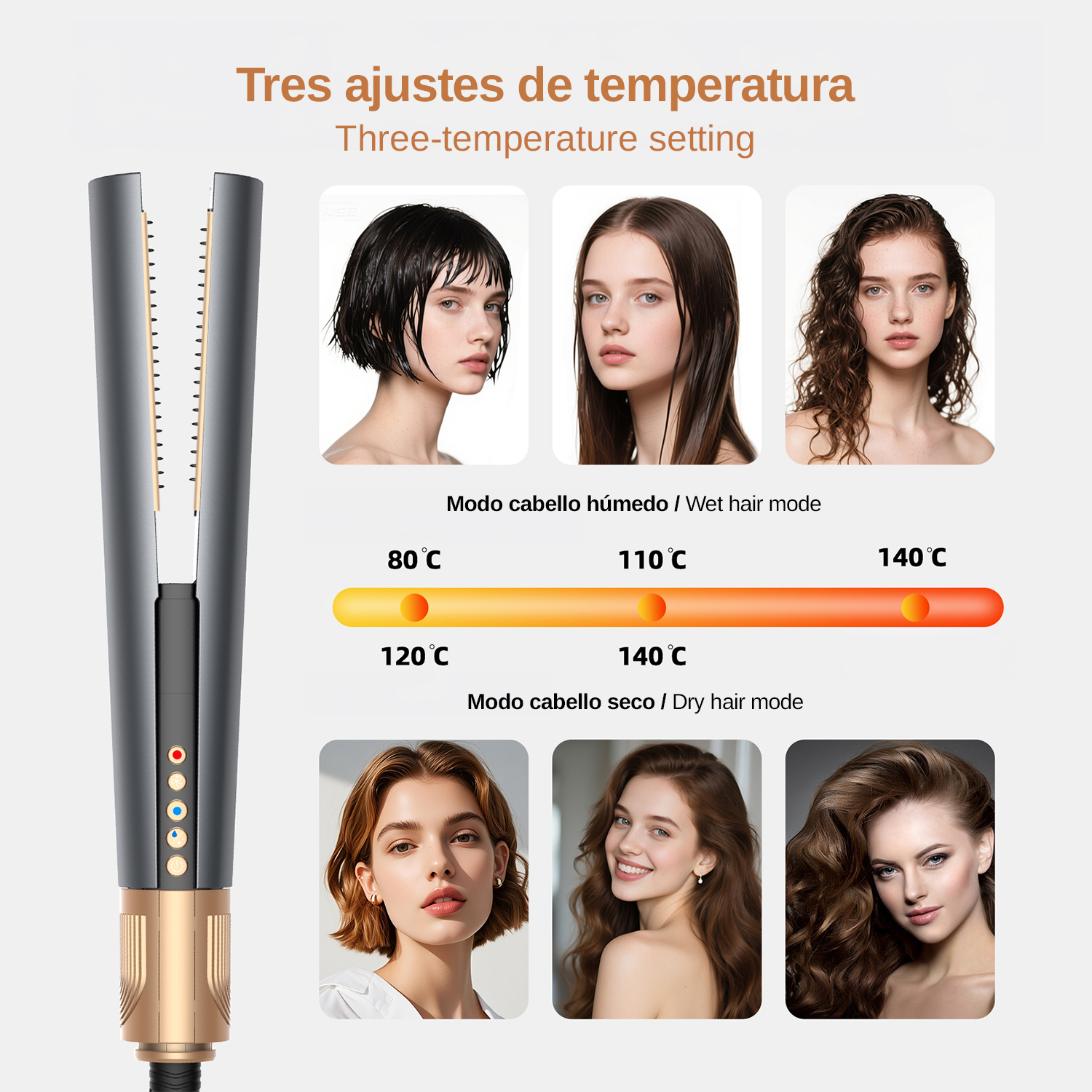 Una piastra per capelli che mostra le impostazioni di temperatura per capelli bagnati e asciutti.