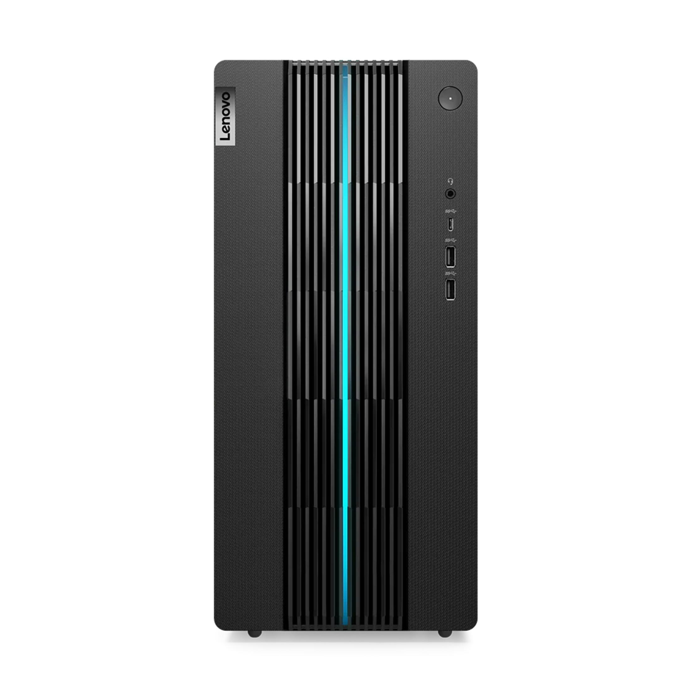 Un PC tower Lenovo nero con una striscia di luce blu verticale sul pannello frontale.