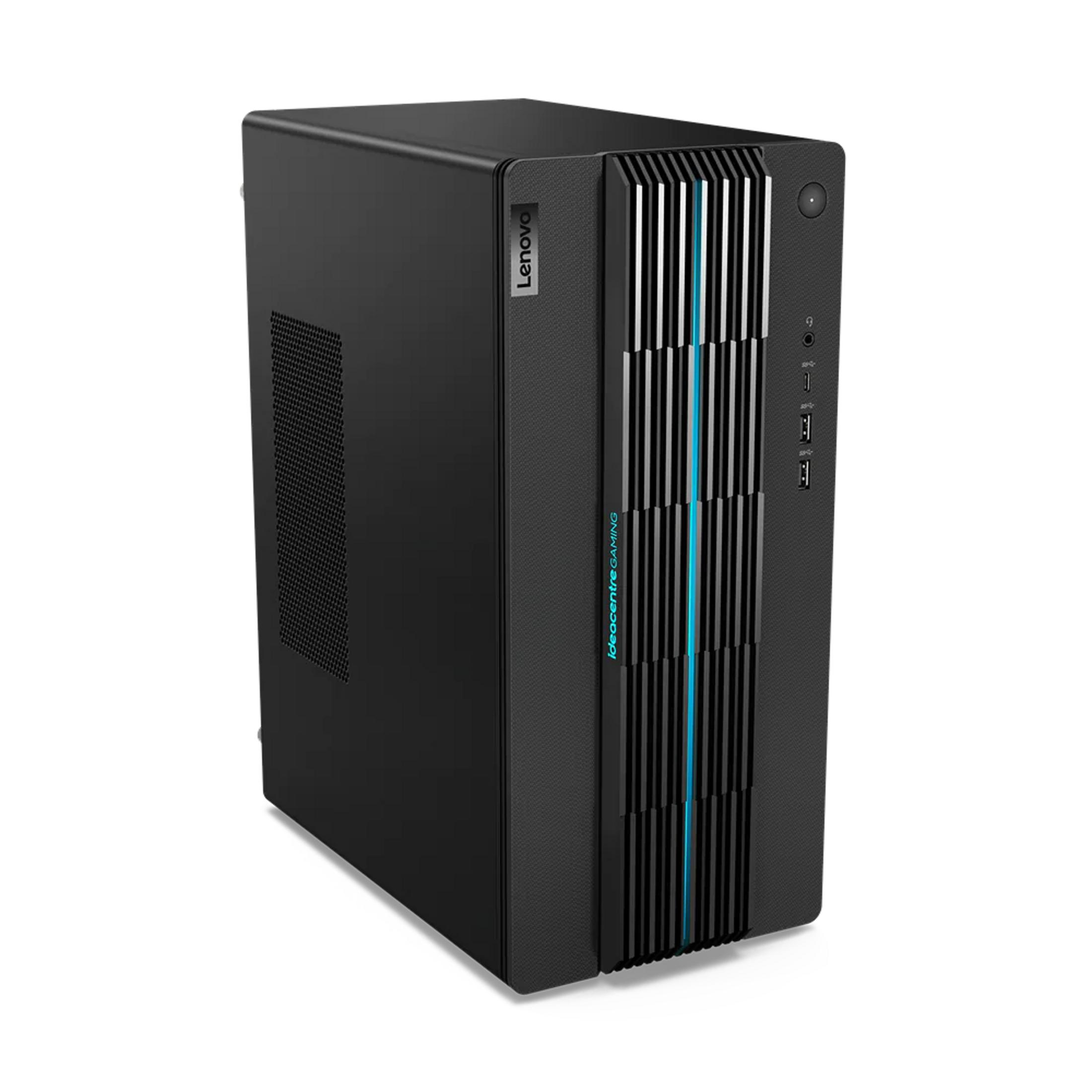 PC gaming Lenovo nero con prese d'aria verticali e accenti blu sul davanti.