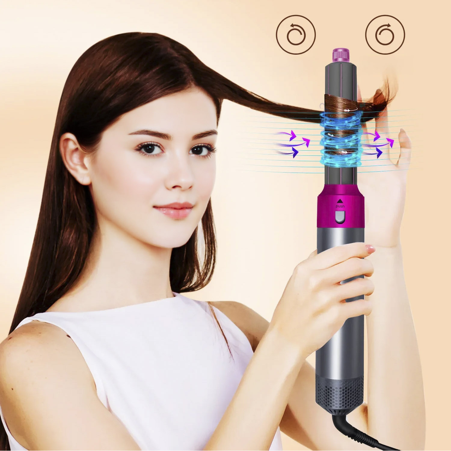 Una donna con lunghi capelli castani usa un arricciacapelli che mostra flussi d'aria.