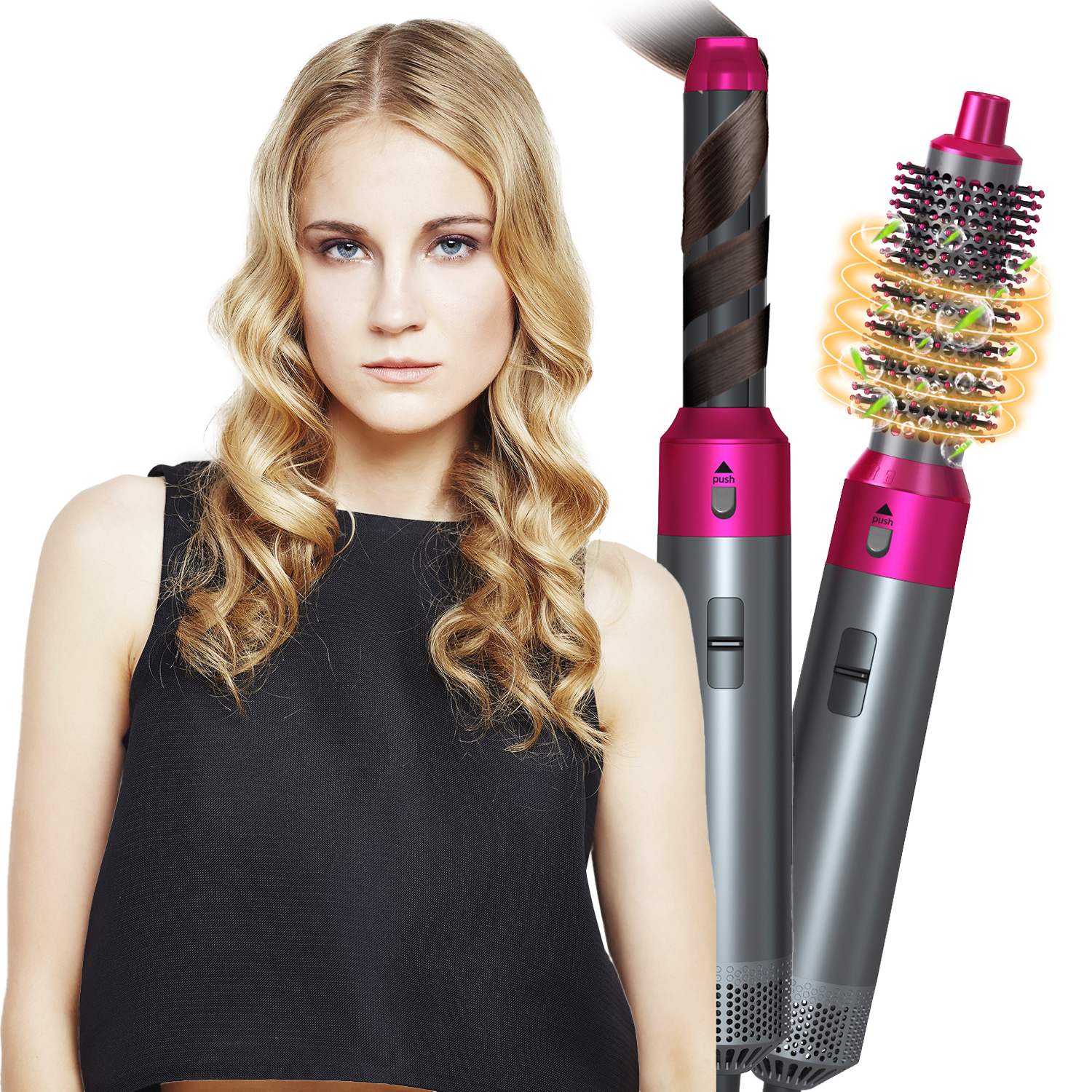 Donna con capelli biondi accanto a un'asciugacapelli con arricciacapelli.