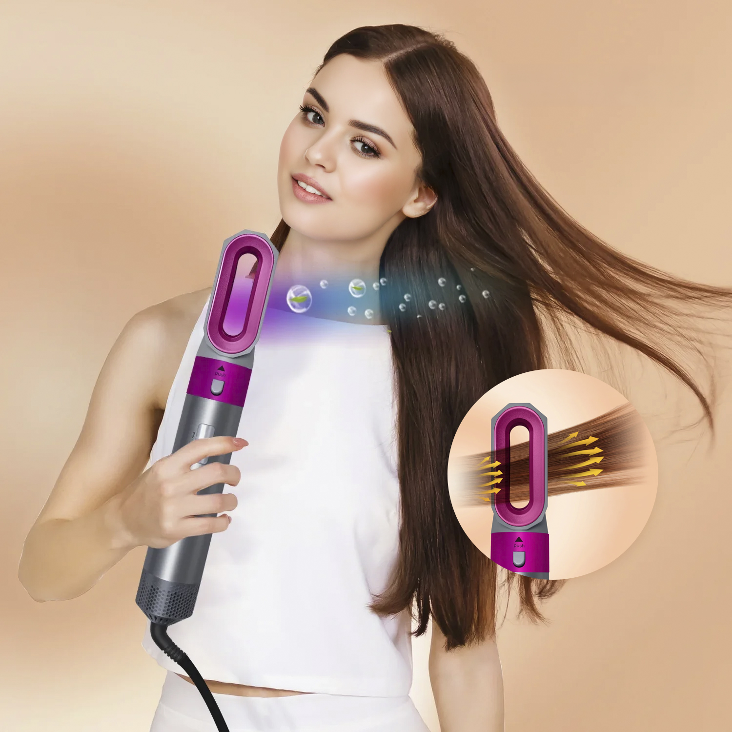 Donna con capelli castani tiene strumento per capelli rosa e grigio. Aria scorre.