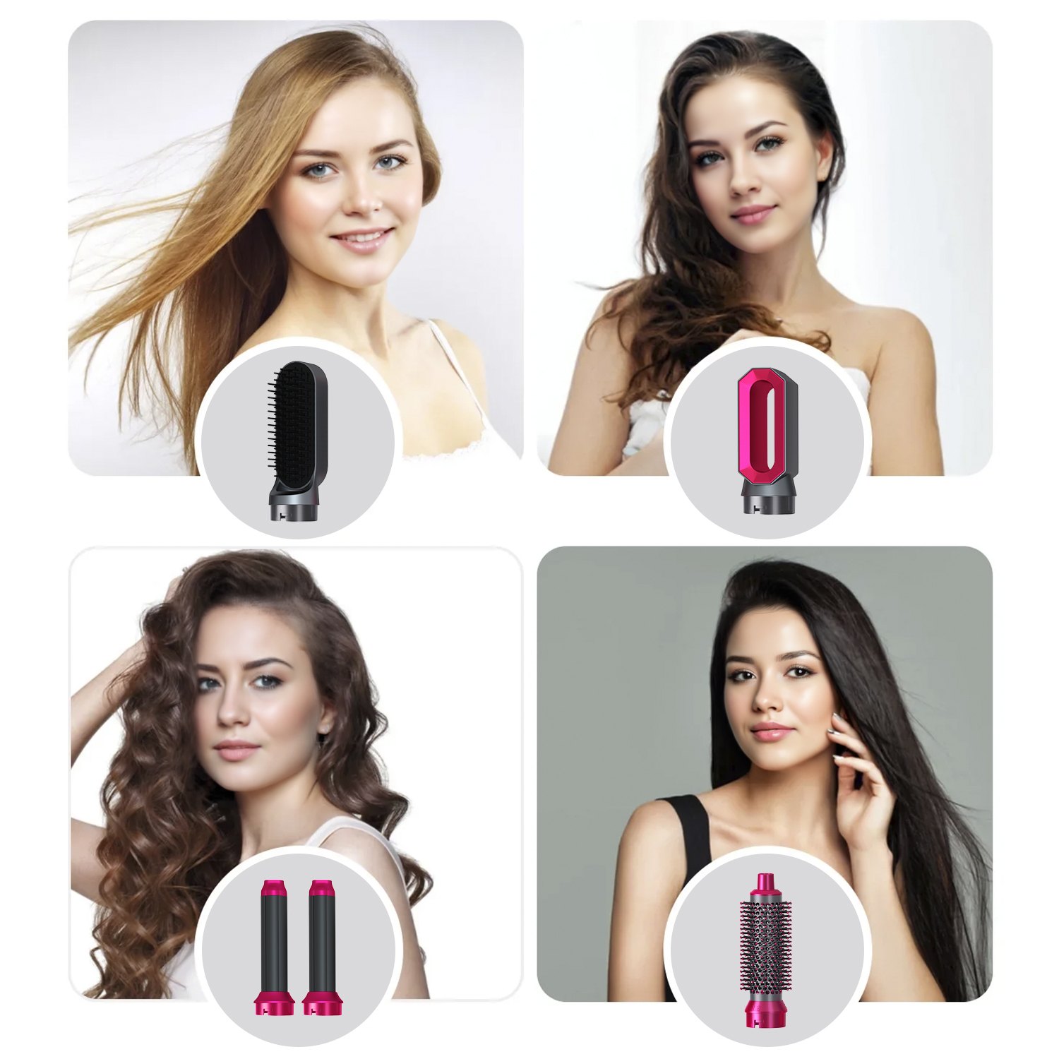 Quattro donne con diverse acconciature e accessori per capelli.