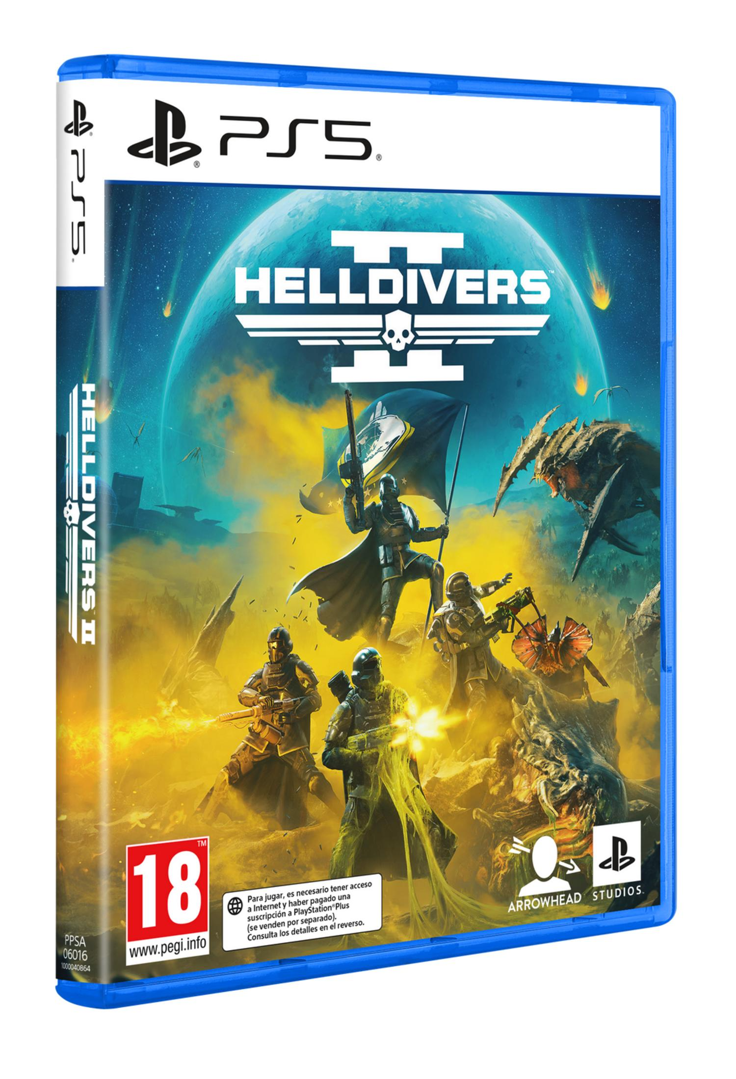 Okładka gry PS5 Helldivers 2: żołnierze walczący z potworami na tle planety.