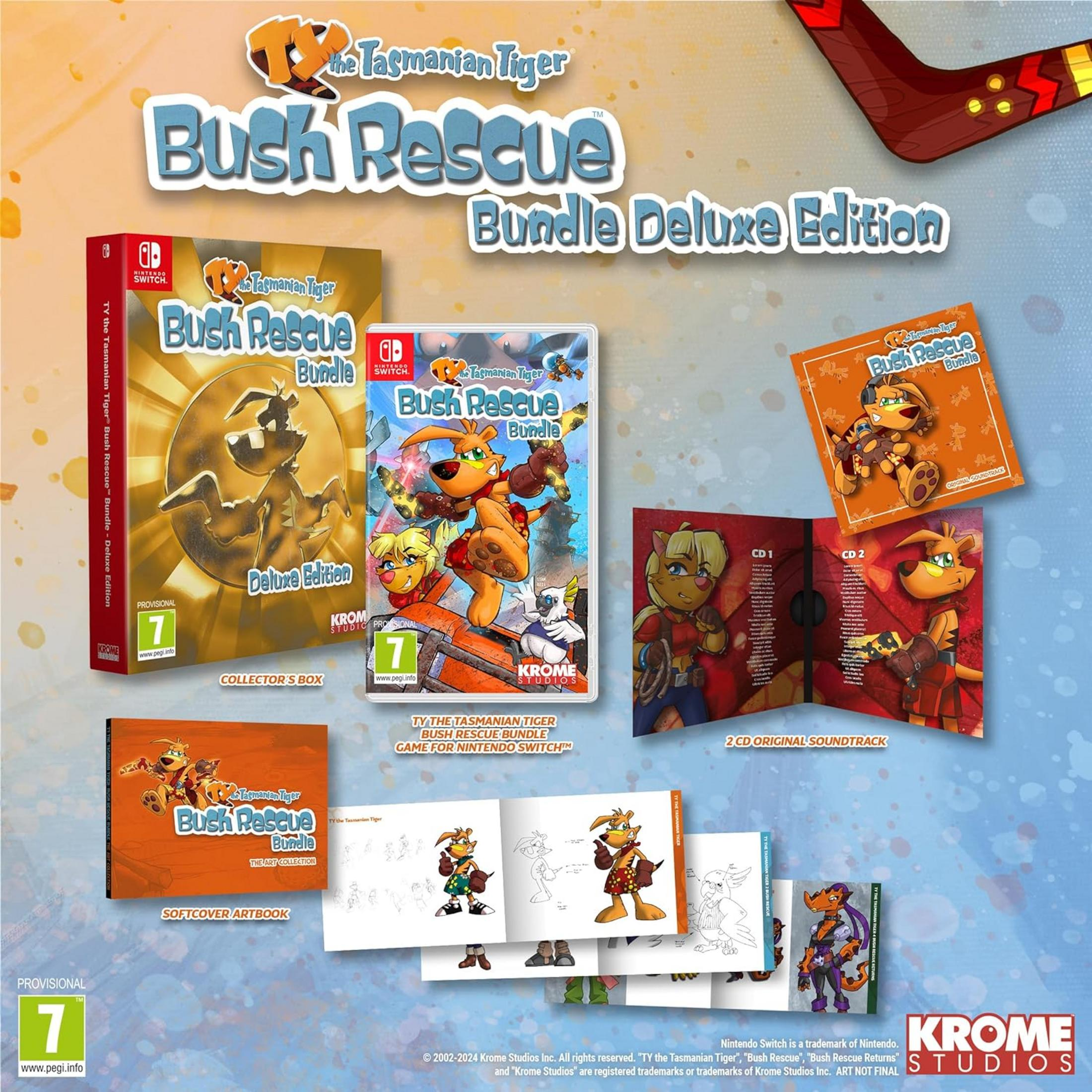 La copertina mostra TY la tigre della Tasmania, confezioni di giochi e artbook.