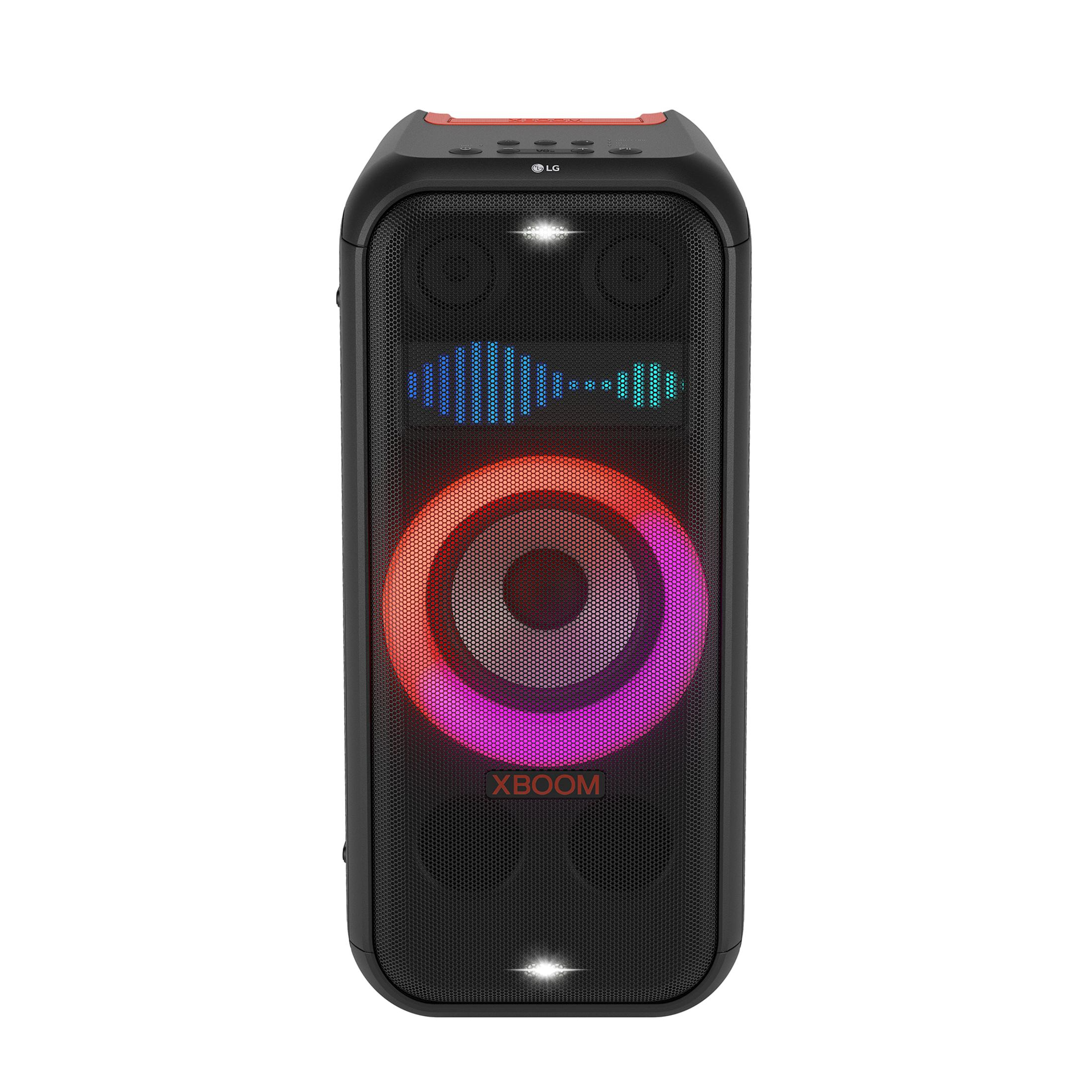 Altavoz negro LG XBOOM con círculo iluminado y ecualizador.