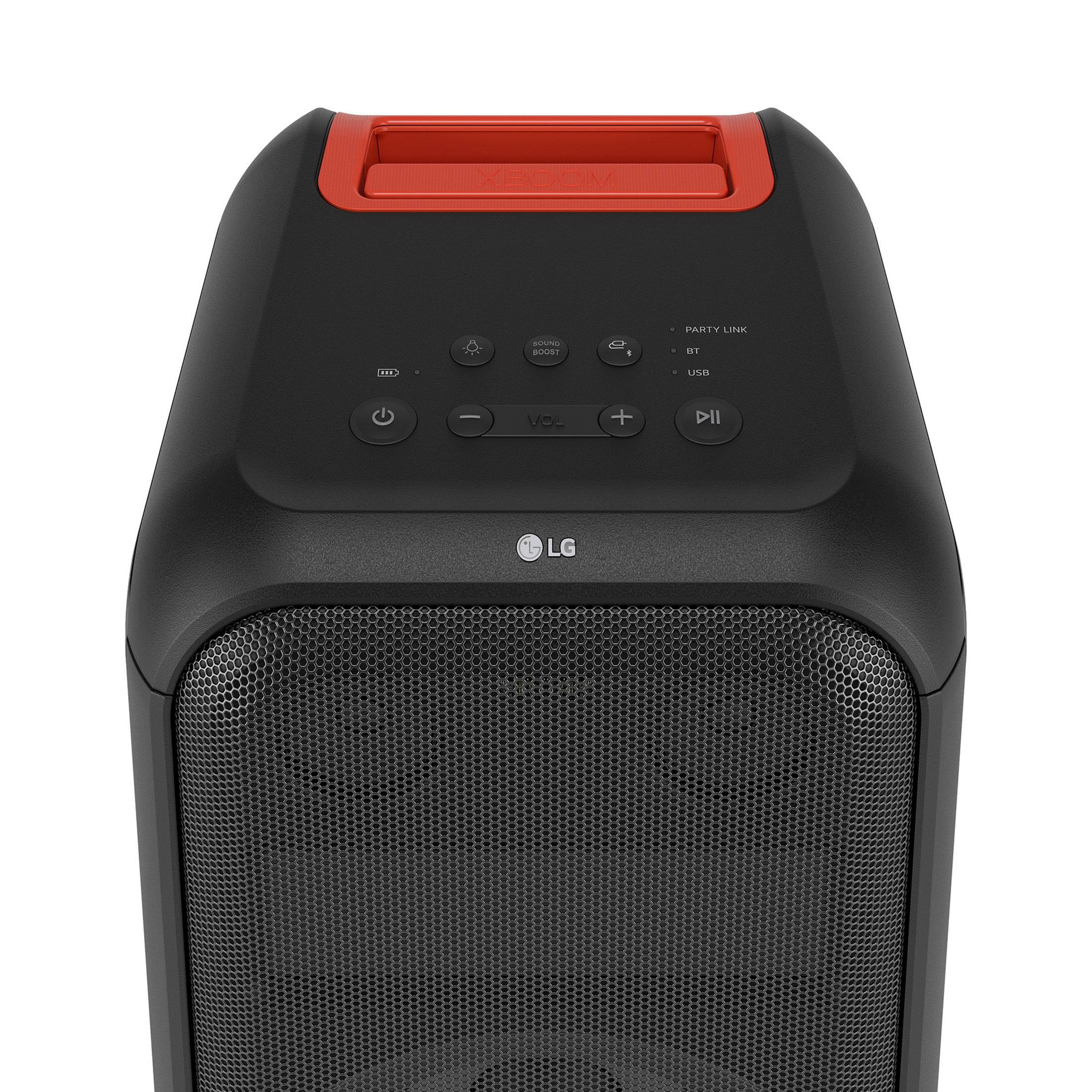 Altavoz LG XBOOM negro con detalles rojos y panel de control.