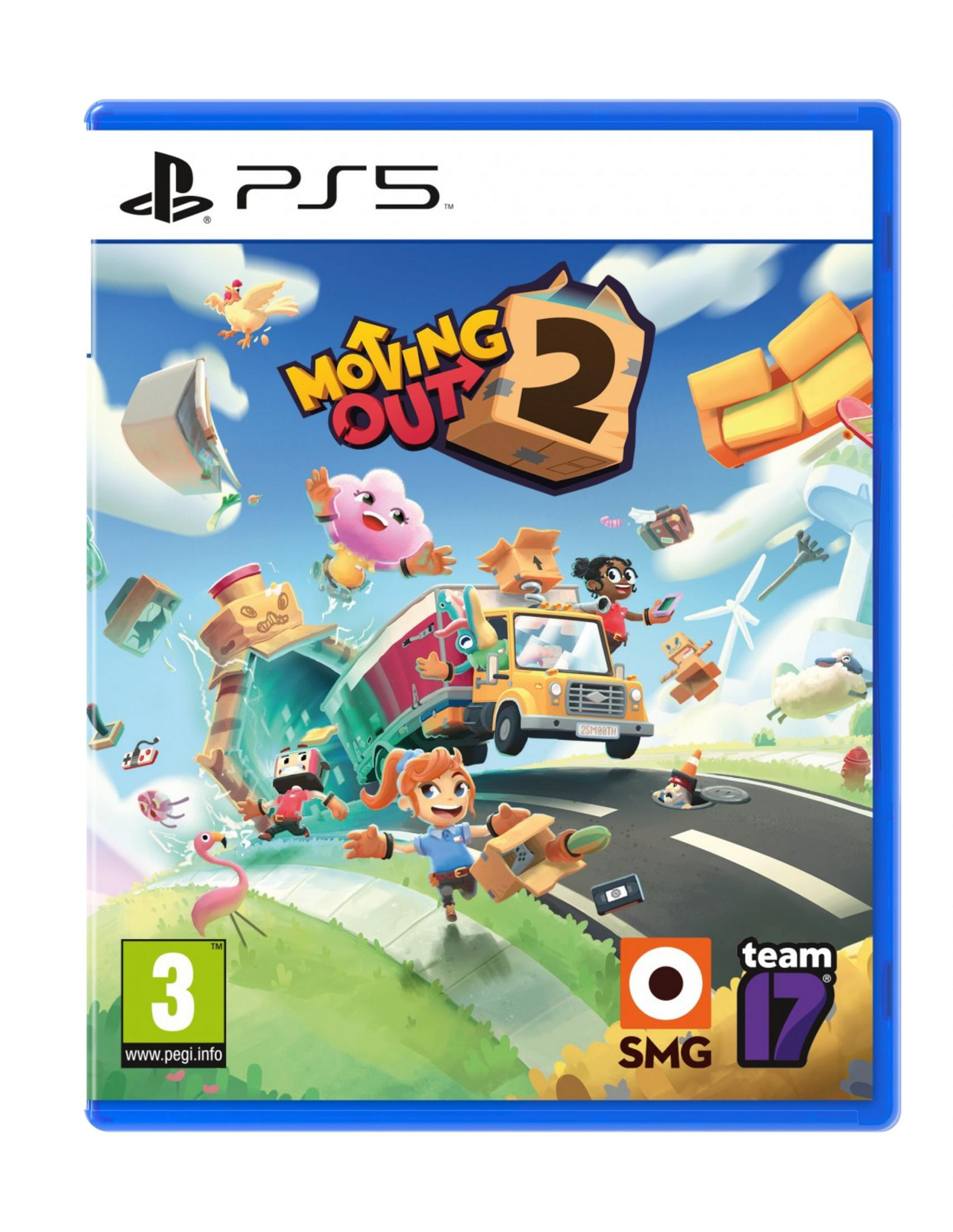 Copertina del gioco PS5 "Moving Out 2" con personaggi dei cartoni animati che spostano mobili in un camion giallo.