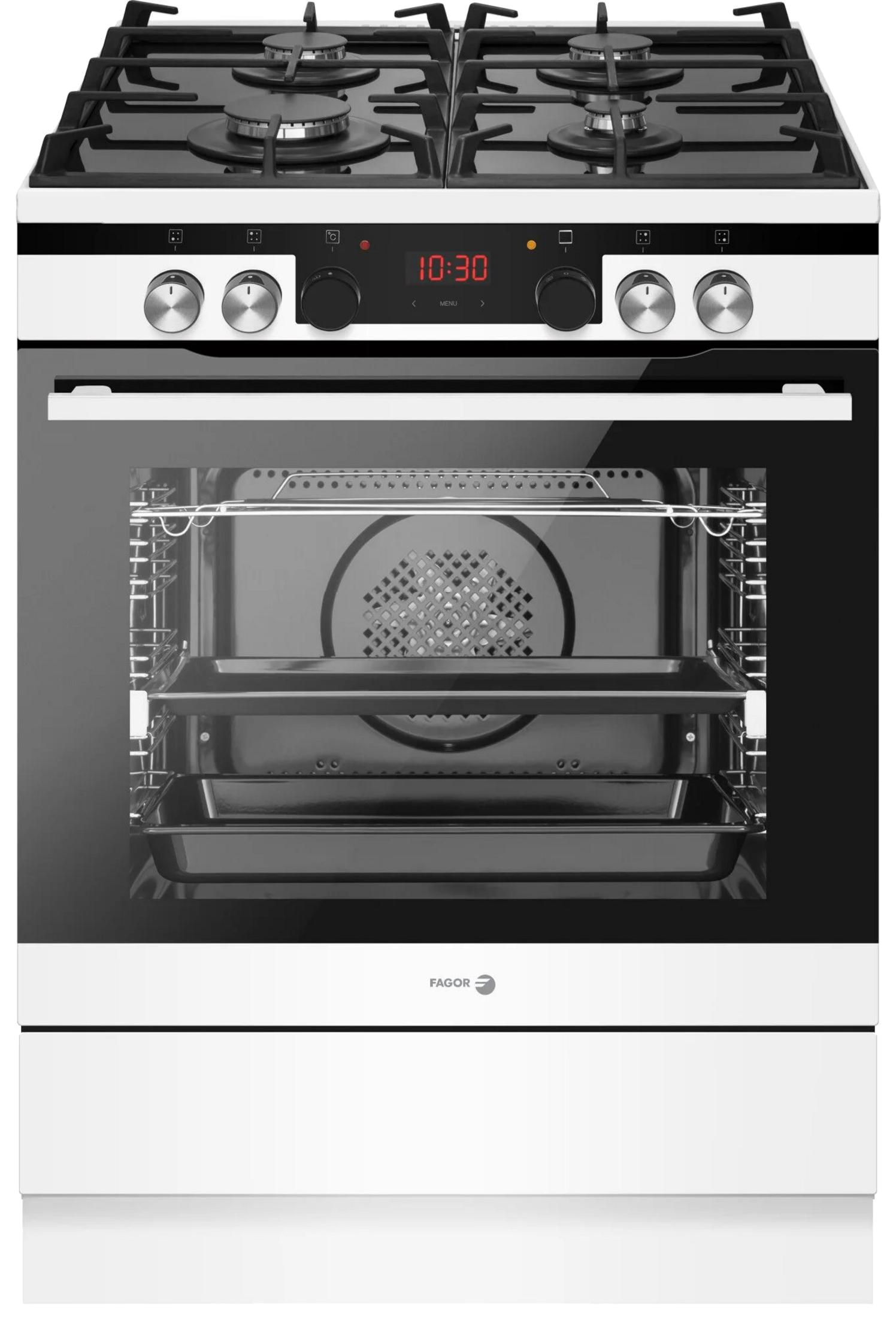 Una estufa de gas blanca con placa negra, reloj digital y puerta de horno.