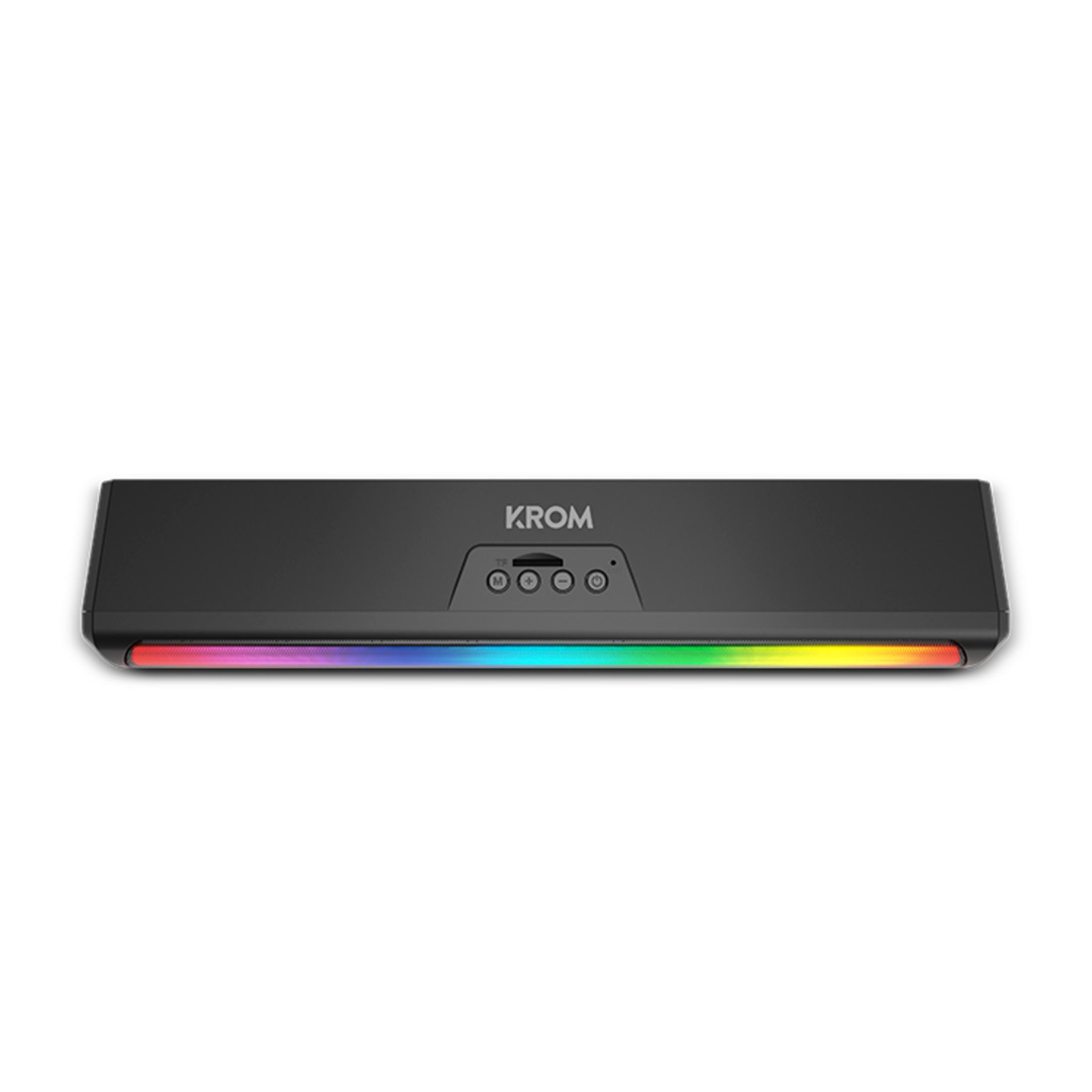 Dispositivo KROM nero con illuminazione RGB e pulsanti di controllo.