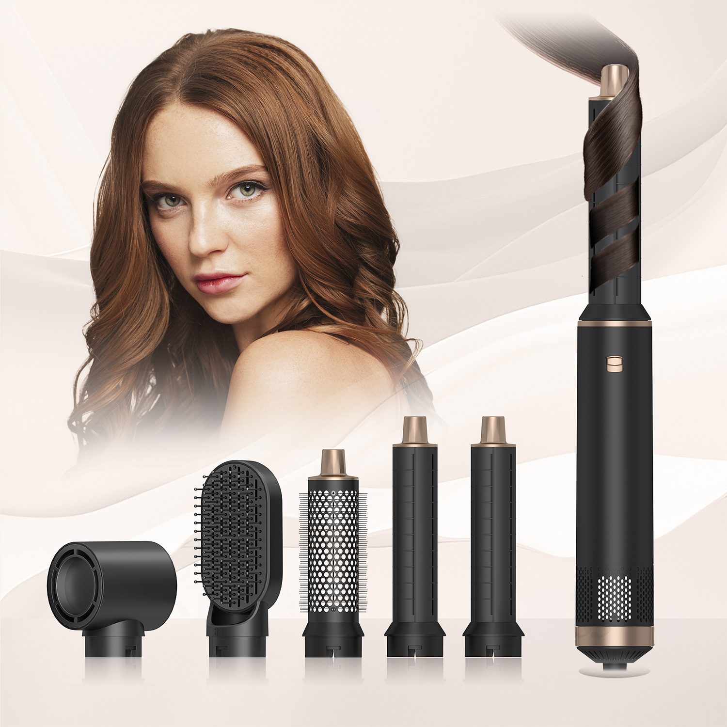 Donna con capelli rossi accanto a uno strumento per lo styling dei capelli con vari accessori.