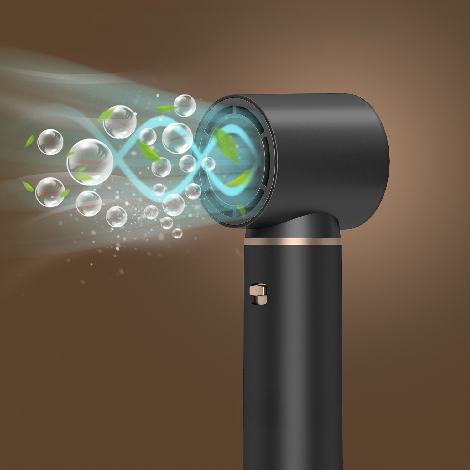 Un ventilatore nero che emette vortici, foglie e bolle blu.