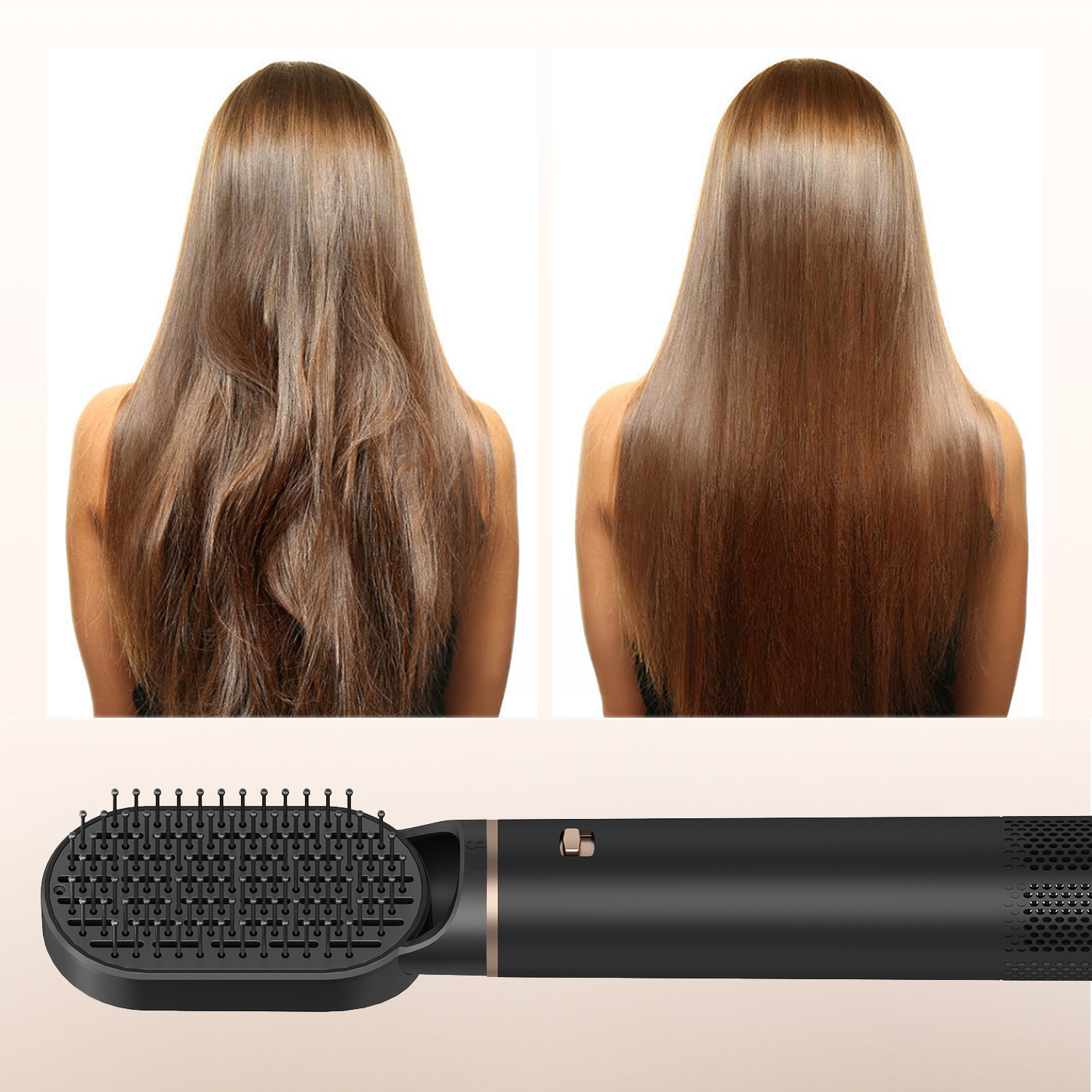 Confronto capelli prima/dopo e un pettine lisciante.