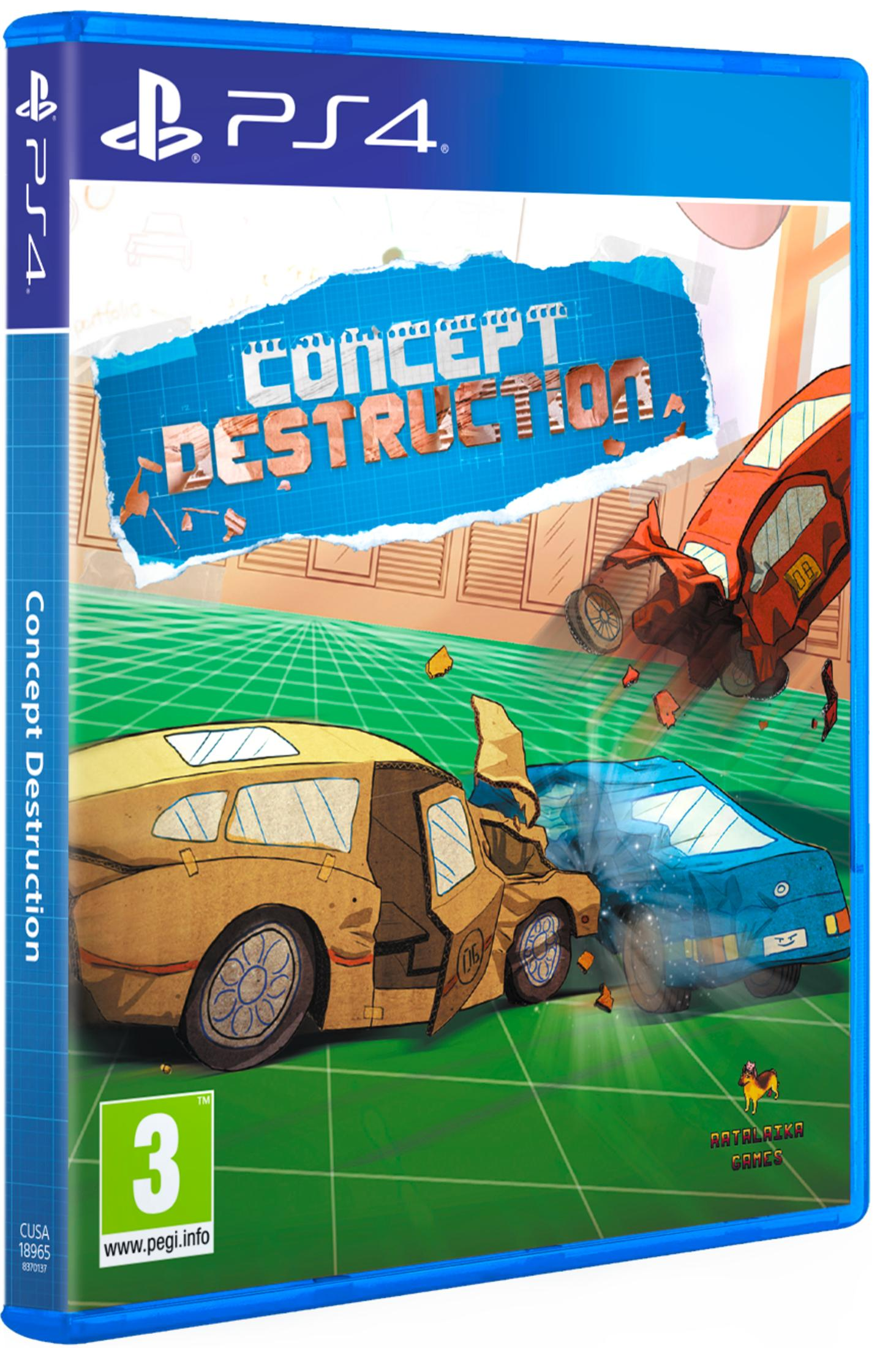 Copertina gioco: Due auto si scontrano su una griglia verde. "Concept Destruction".