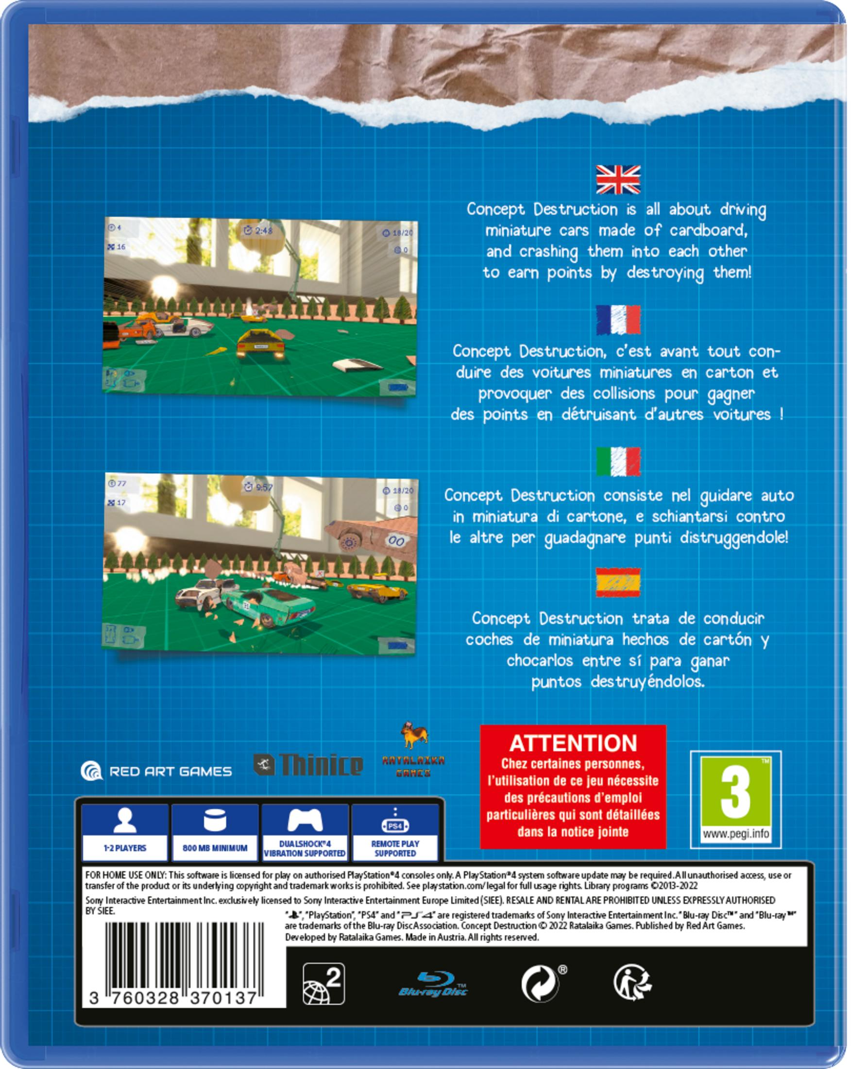 Custodia del gioco con screenshot di 'Concept Destruction', un gioco di corse con auto di cartone.